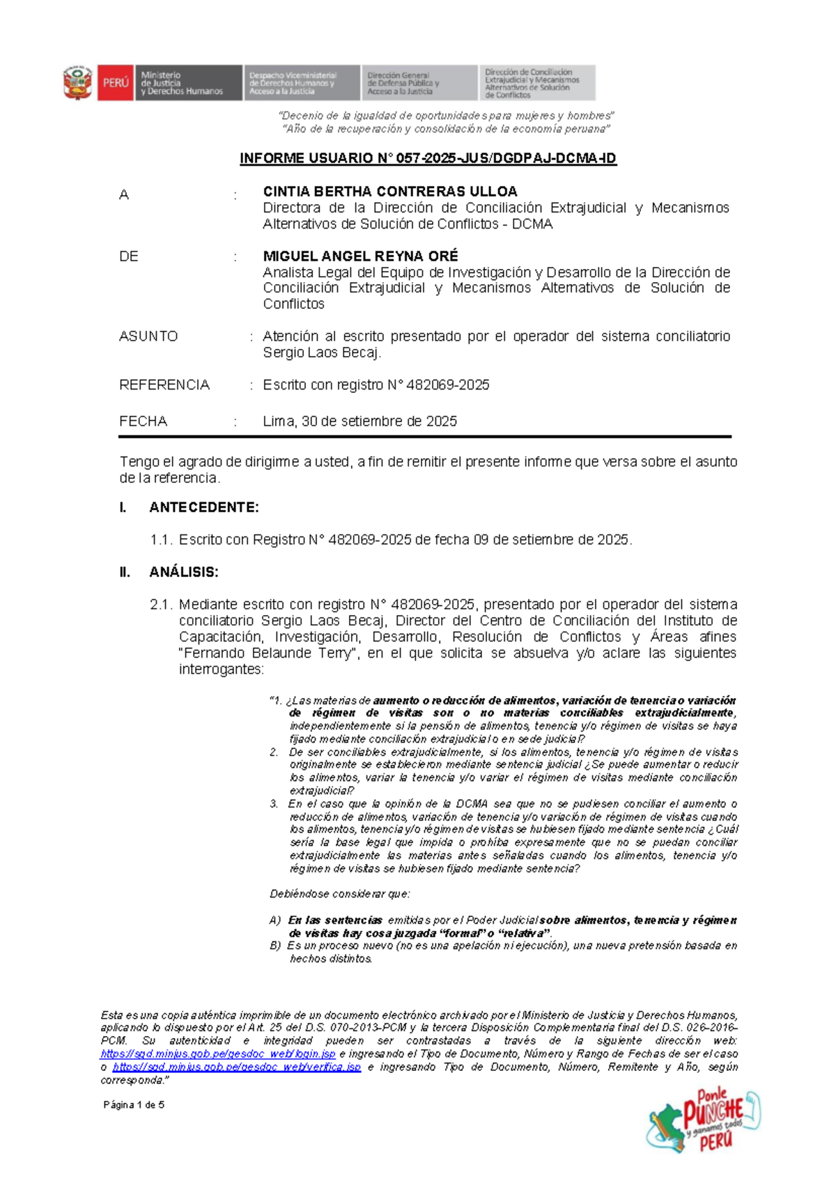 Informe sobre Conciliación Extrajudicial en Materia Familiar JUS-DCMA-INV - Document Preview