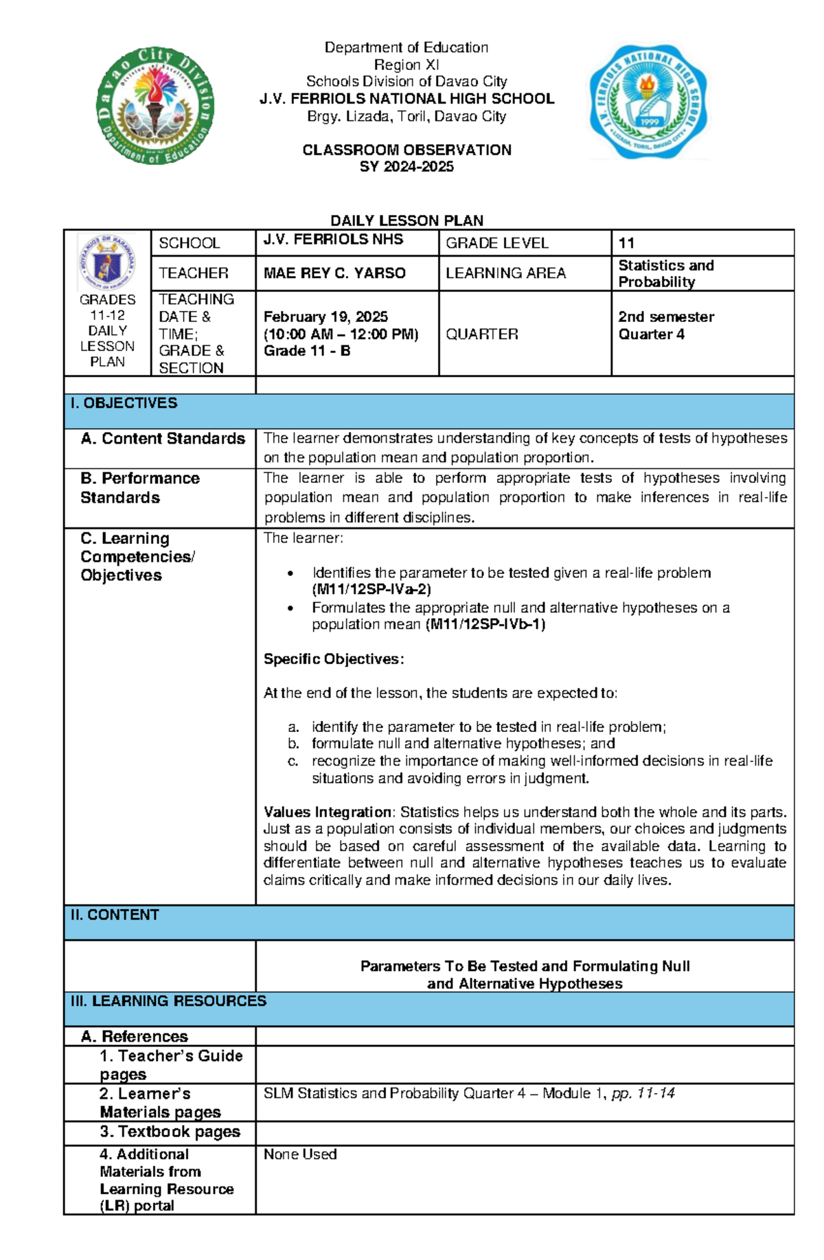 STATS 11: Classroom Observation & Daily Lesson Plan on Hypothesis ...