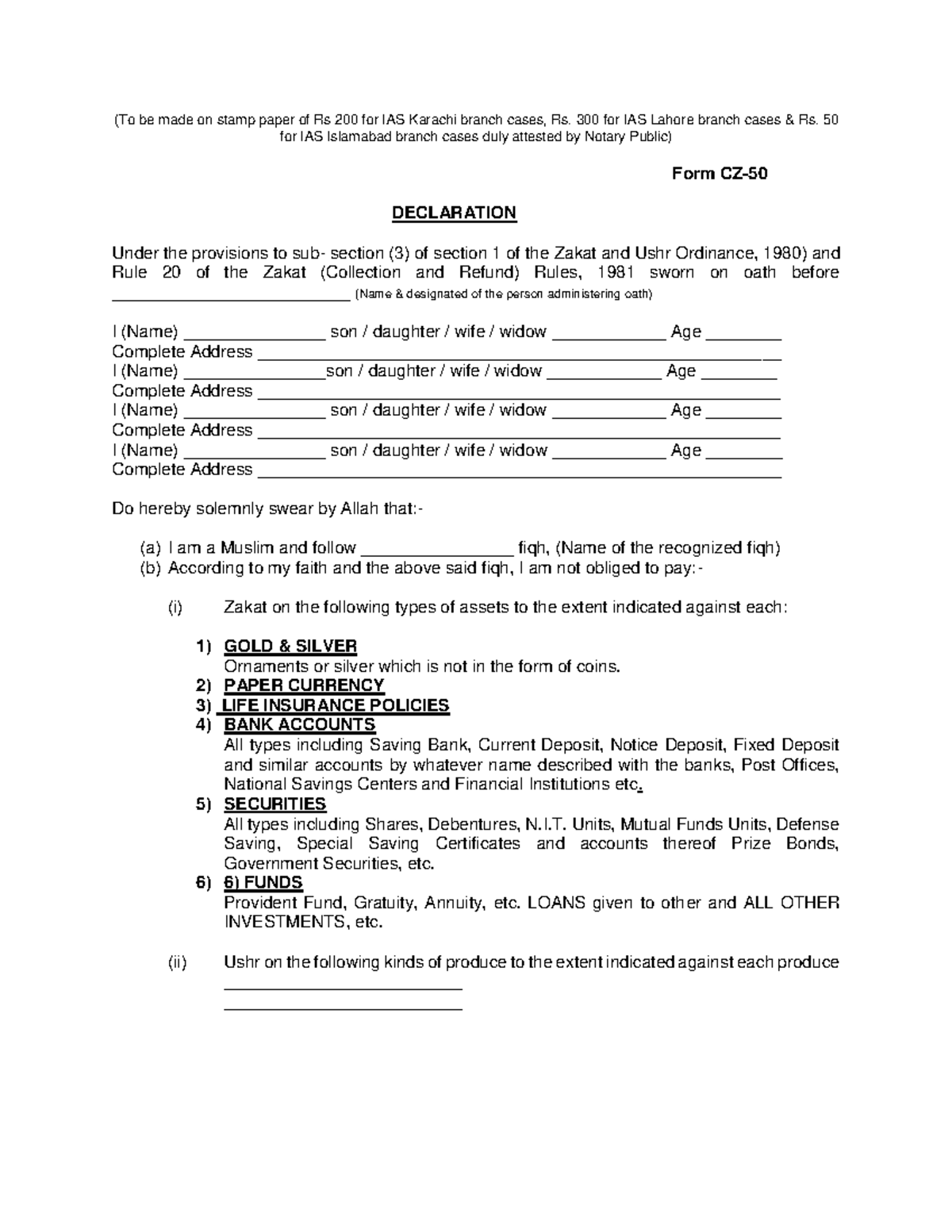 Zakat Declaration Form CZ 50 for IAS Branch Cases - Studocu