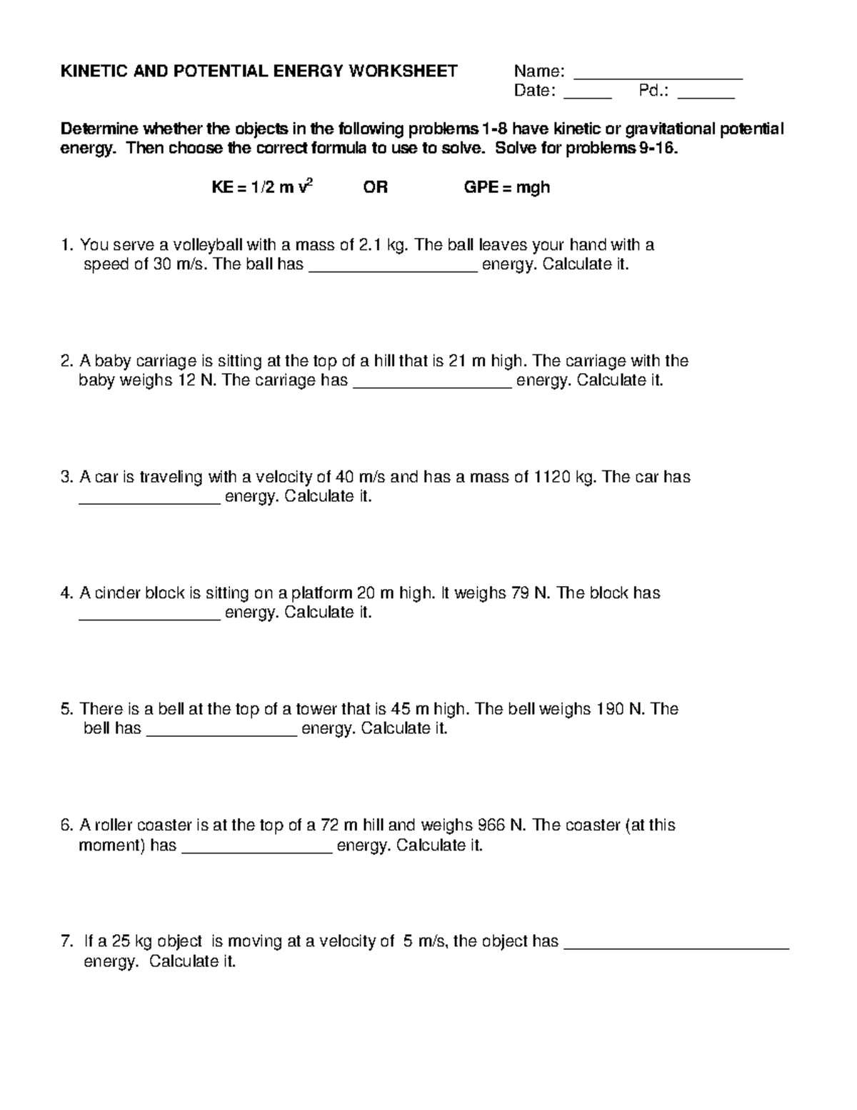 GPE, KE Assignment: Kinetic & Potential Energy Worksheet - Studocu
