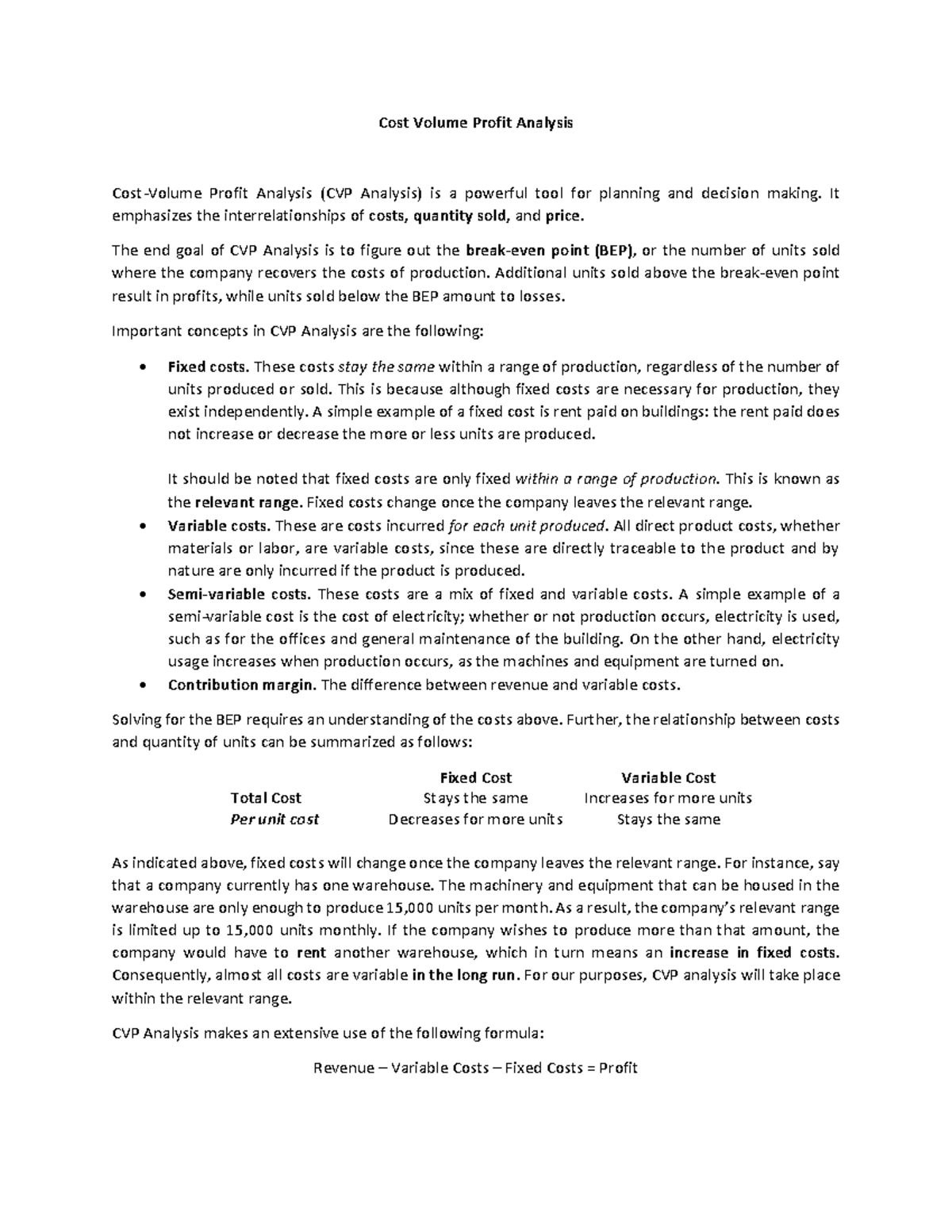 CVP Analysis Notes #1 - Cost Volume Profit Analysis Cost-Volume Profit ...