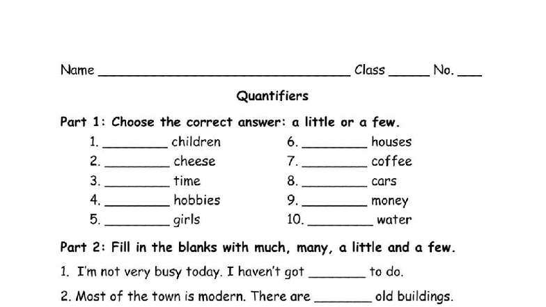 Quantifiers Practice: A Little vs. A Few - Class No. 12345 - Studocu