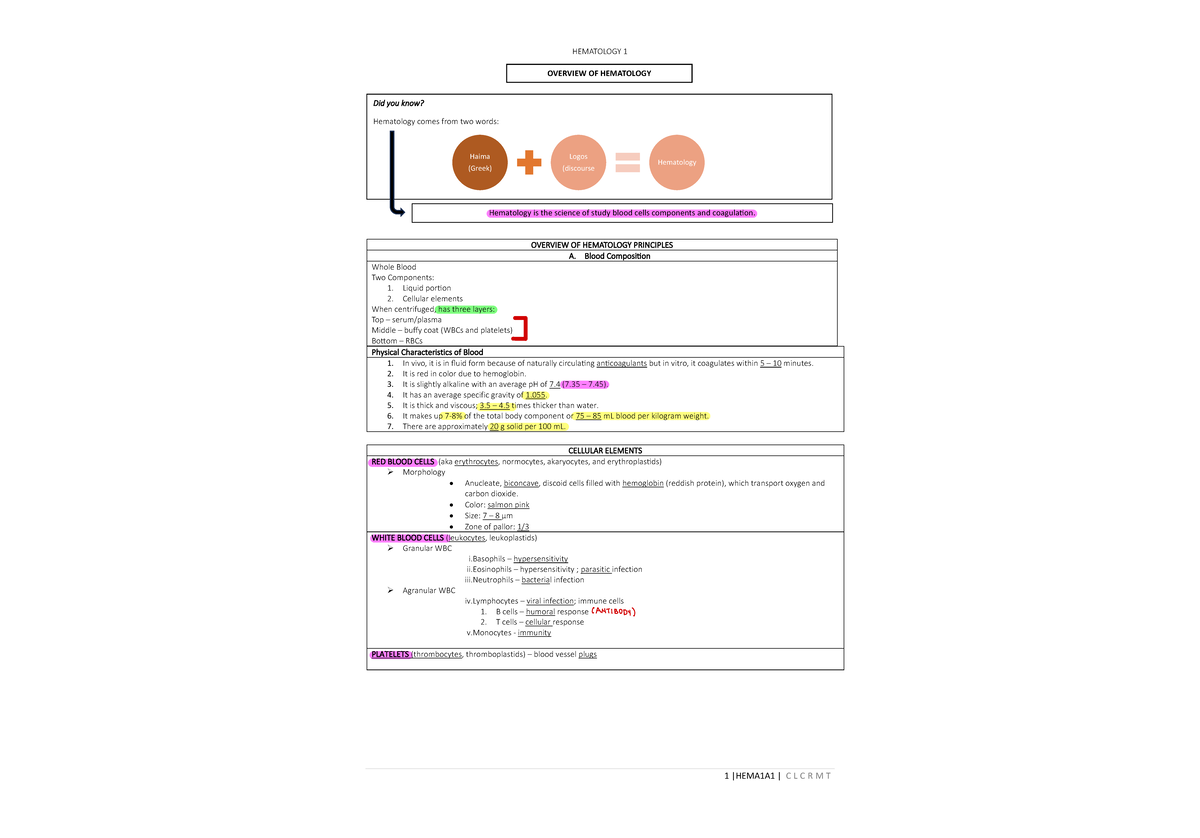 HEMA 101: Comprehensive Hematology Notes and Key Concepts - Studocu
