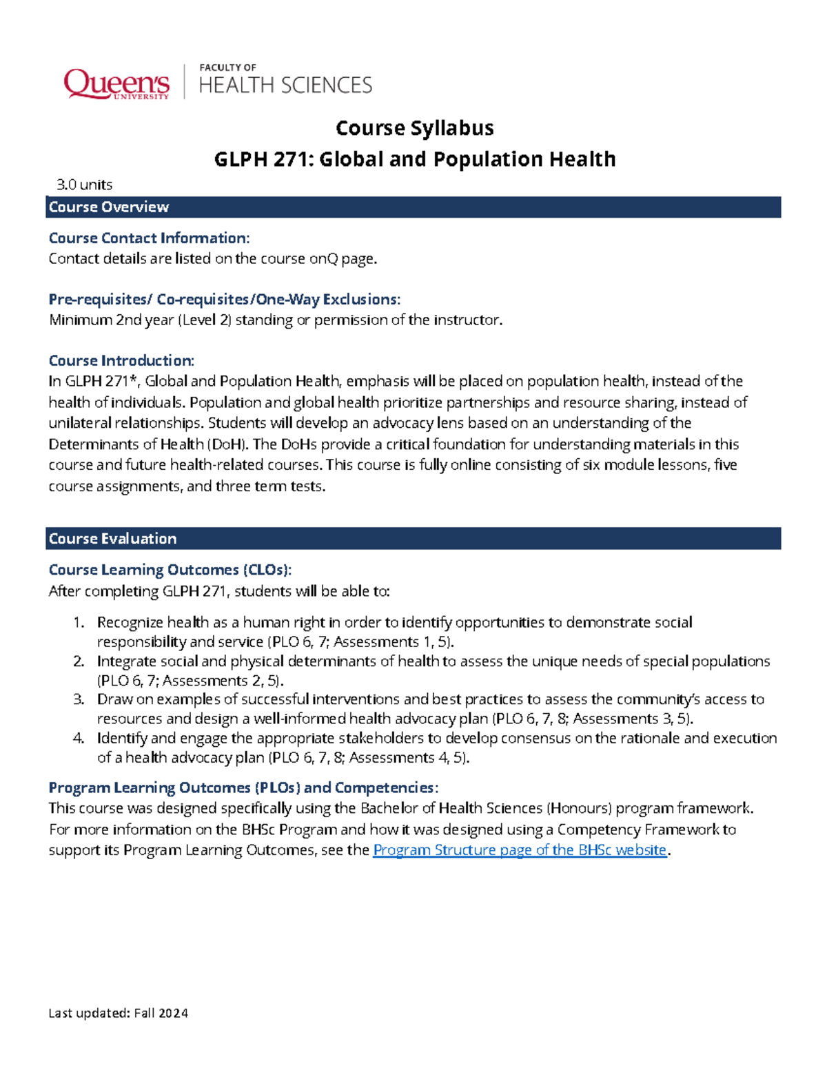 GLPH 271 Course Syllabus: Global and Population Health Overview - Studocu