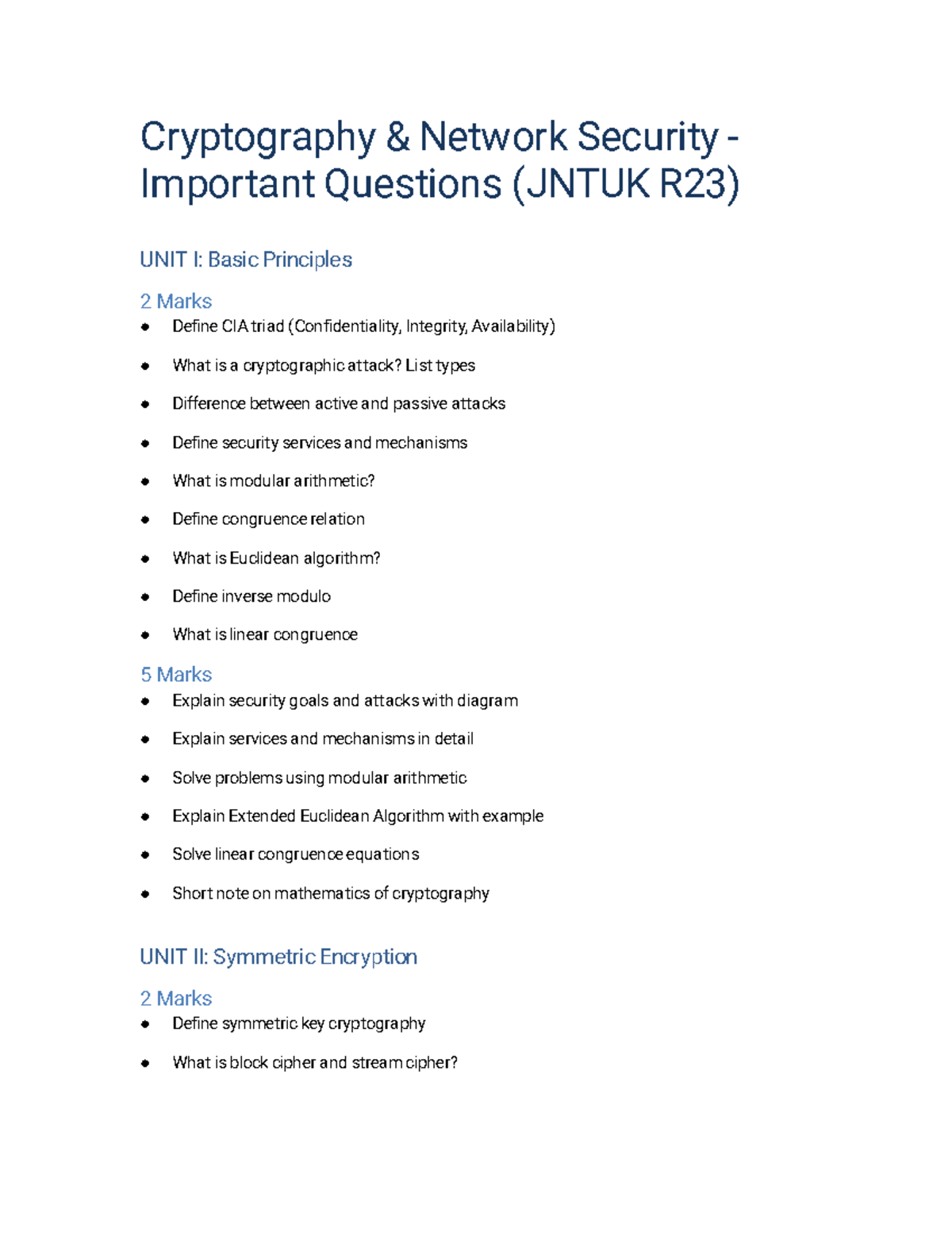 CNS Important Questions: Cryptography & Network Security (JNTUK) - Studocu