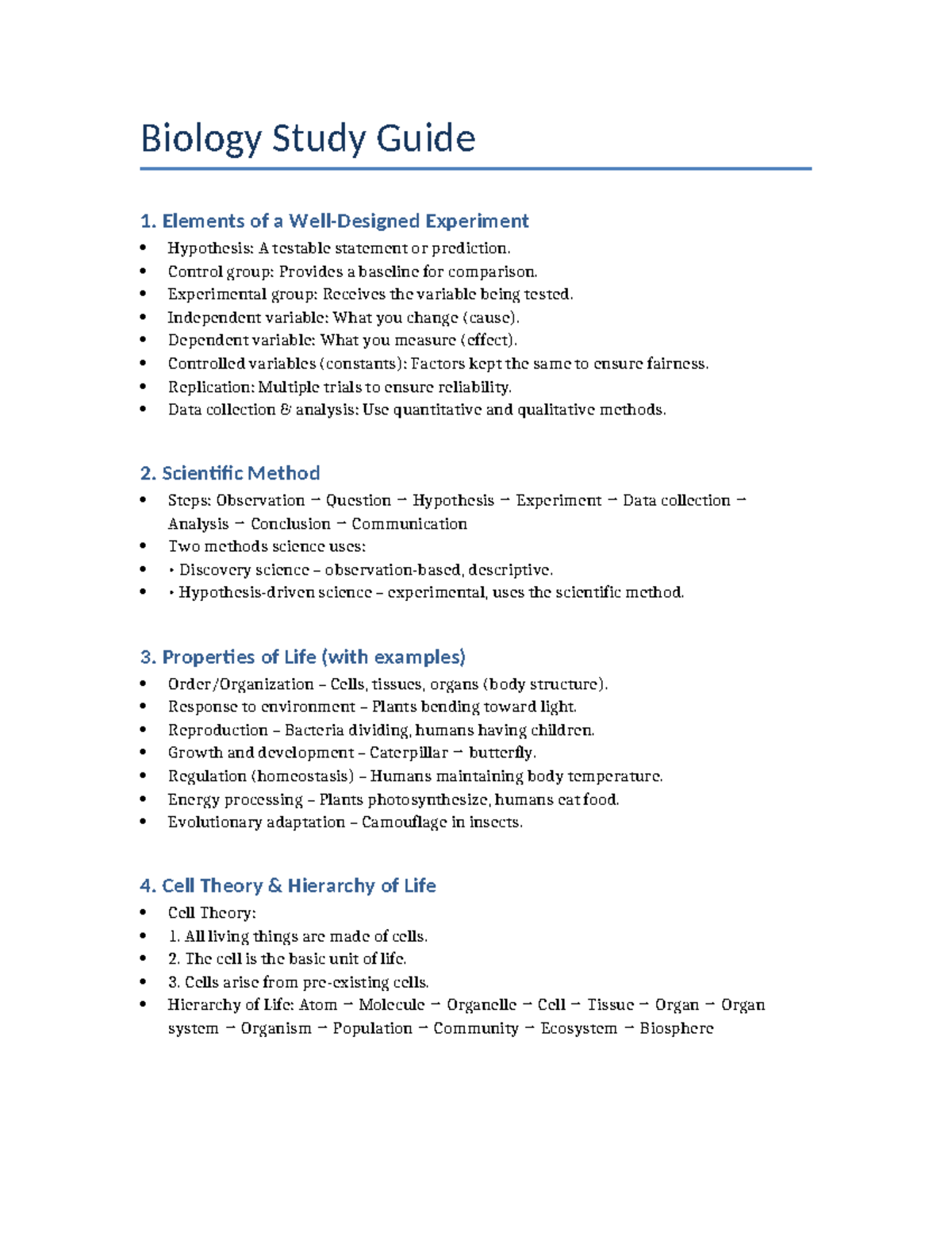 Biology Study Guide 1: Key Concepts & Principles of Life - Studocu