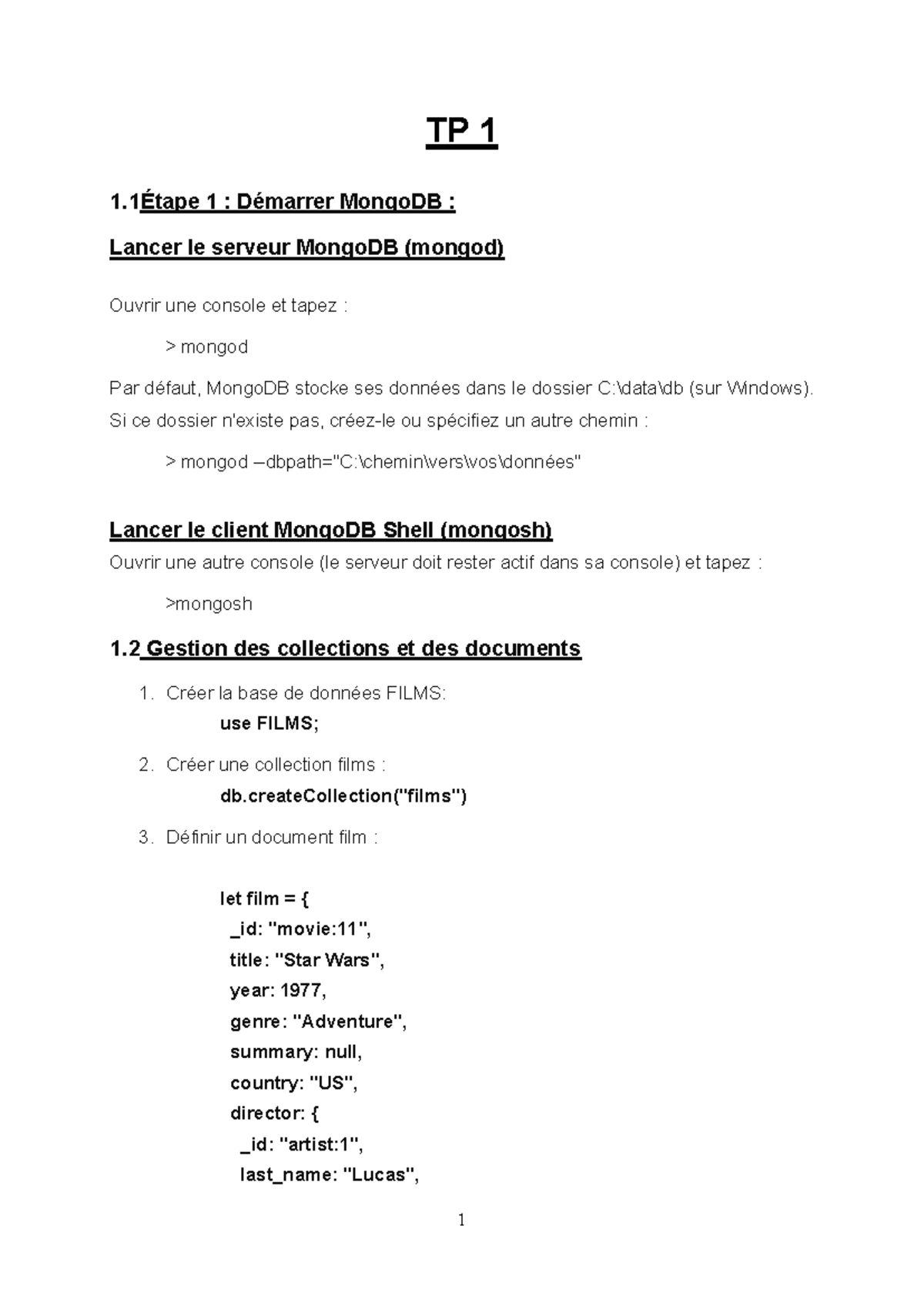 TP 1 - Démarrer et Gérer MongoDB : Guide Complet - Studocu