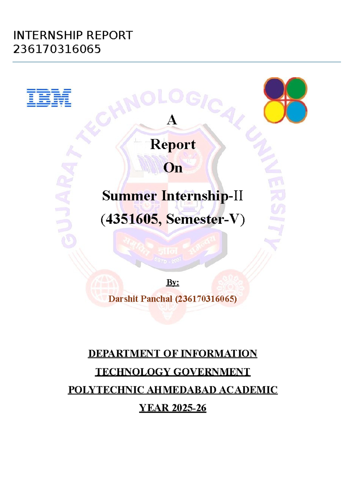 Internship Report on Data Analytics at IBM (236170316065) - Studocu