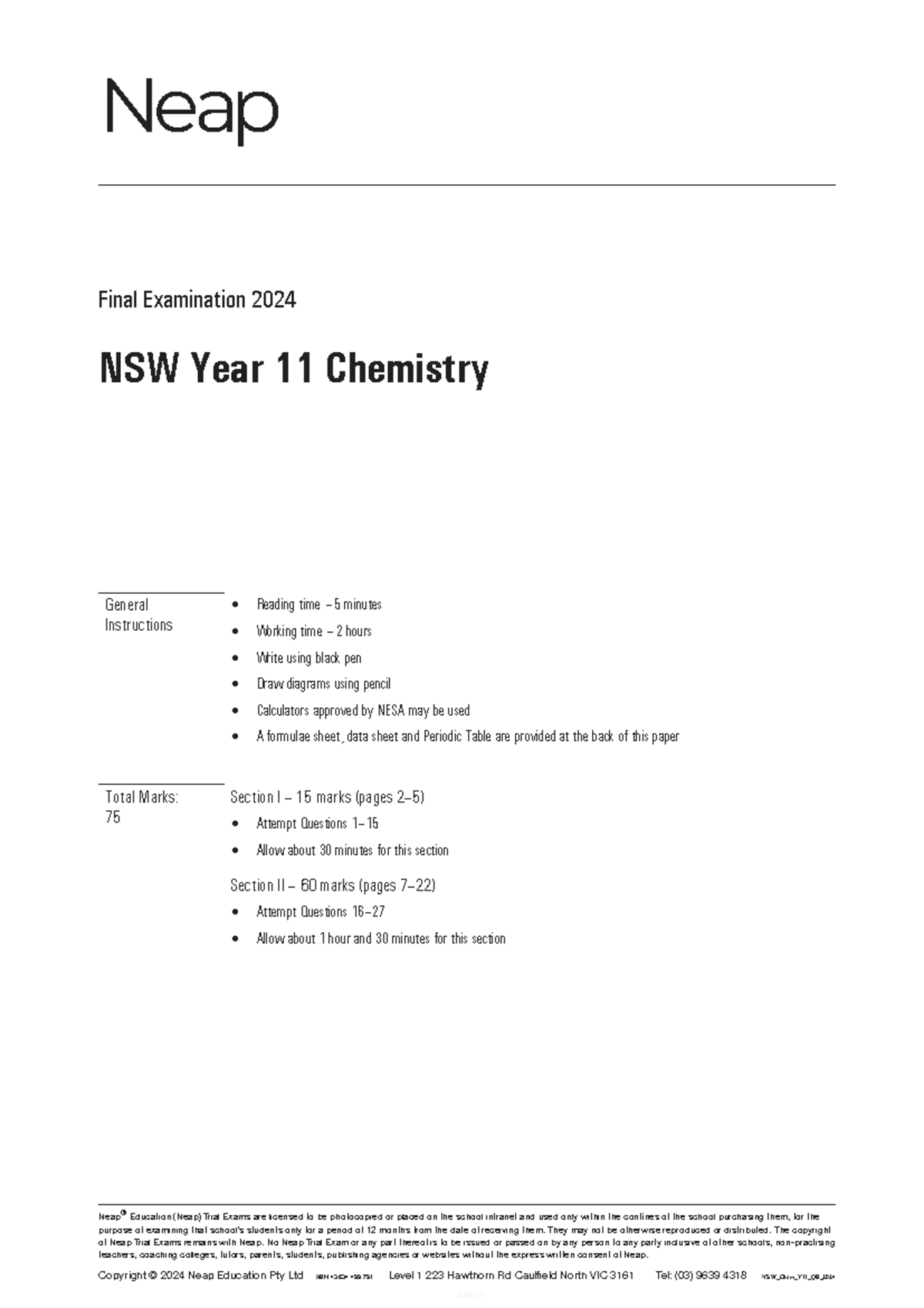 NSW Year 11 Chemistry Final Exam 2024 - General Instructions ...
