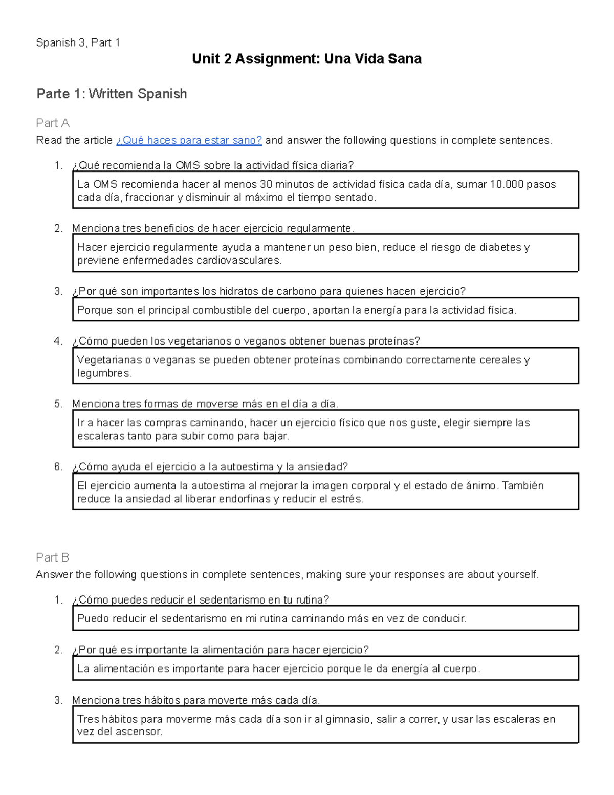 Spanish 3, Part 1 Unit 2 Assignment: Una Vida Sana y Bienestar - Studocu