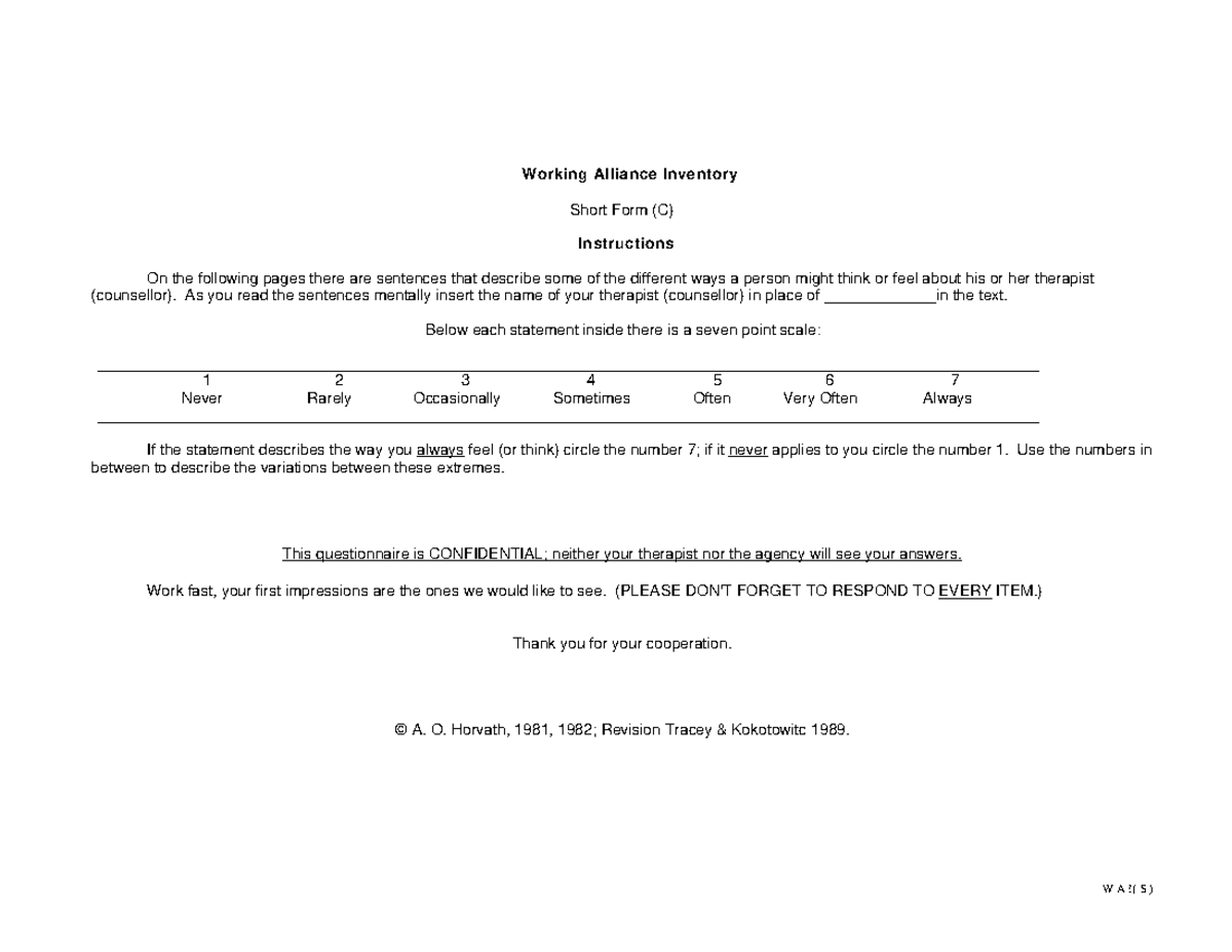 Working Alliance Inventory - Short Form (C) Instructions ...