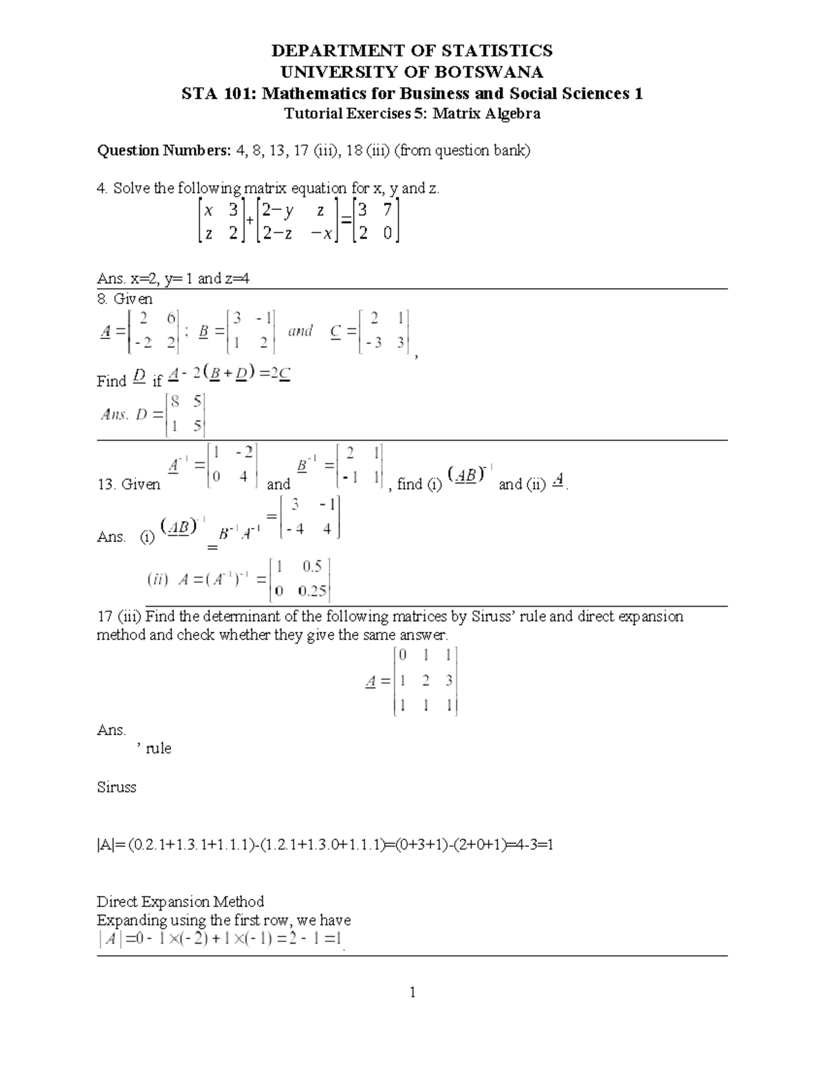 Tutorial Exercises 5: Matrix Algebra Questions for STA 101 - Studocu