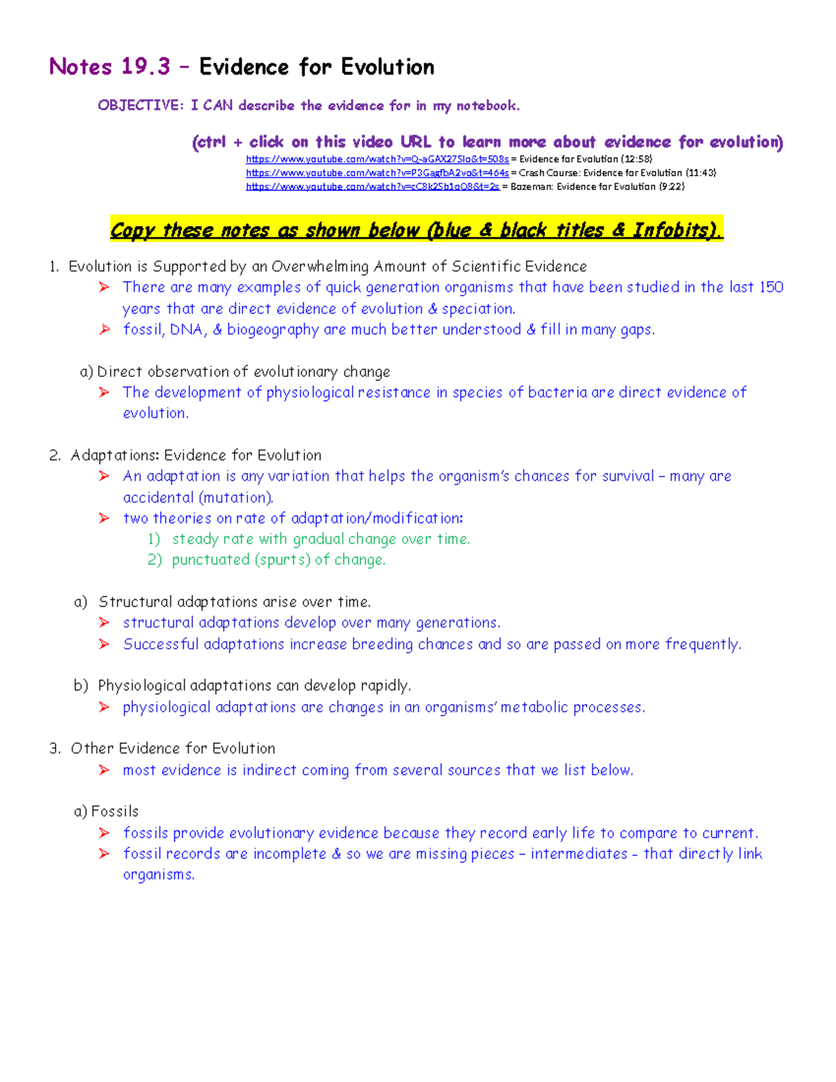 Notes 19.3: Evidence for Evolution and Adaptations Explained - Studocu