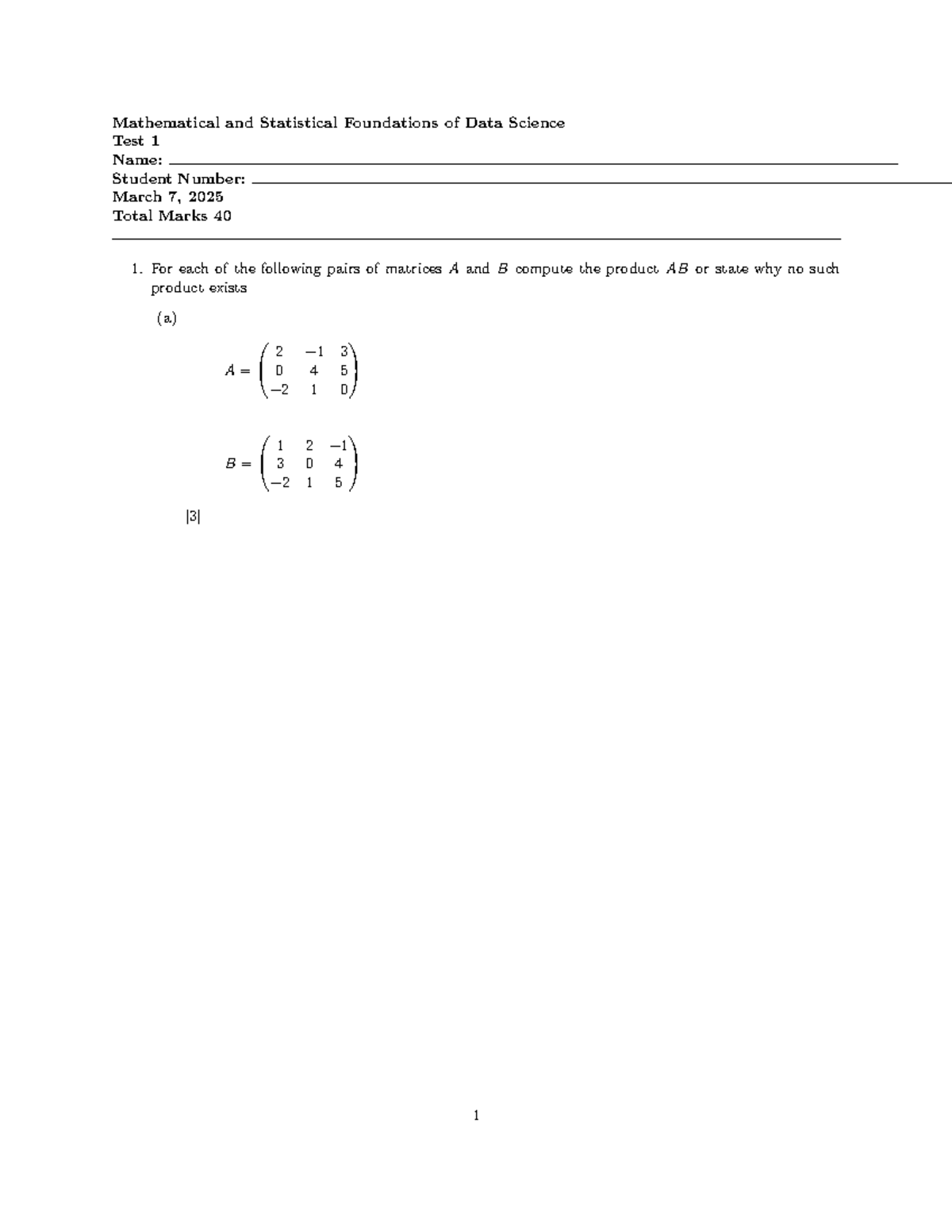 Test 1 - Mathematical & Statistical Foundations of Data Science - Studocu