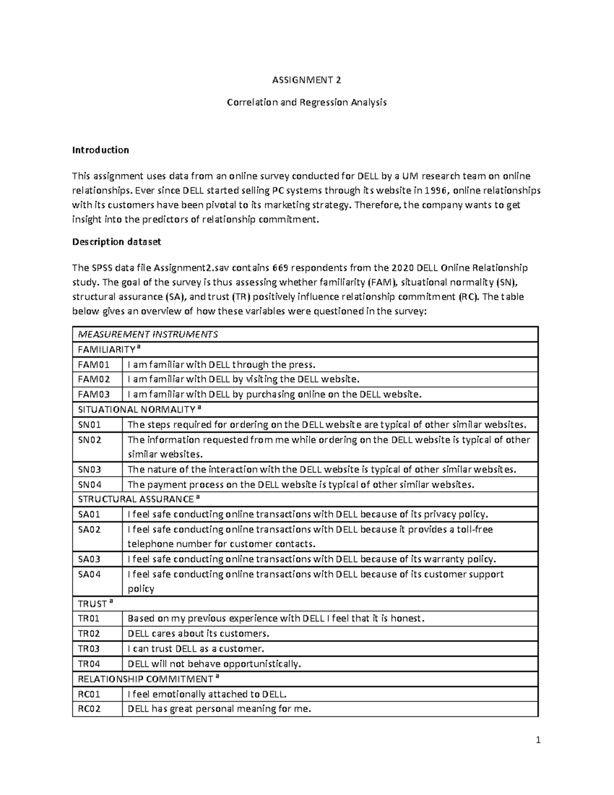 Assignment 2 AY23 - Correlation & Regression Analysis in DELL Study ...