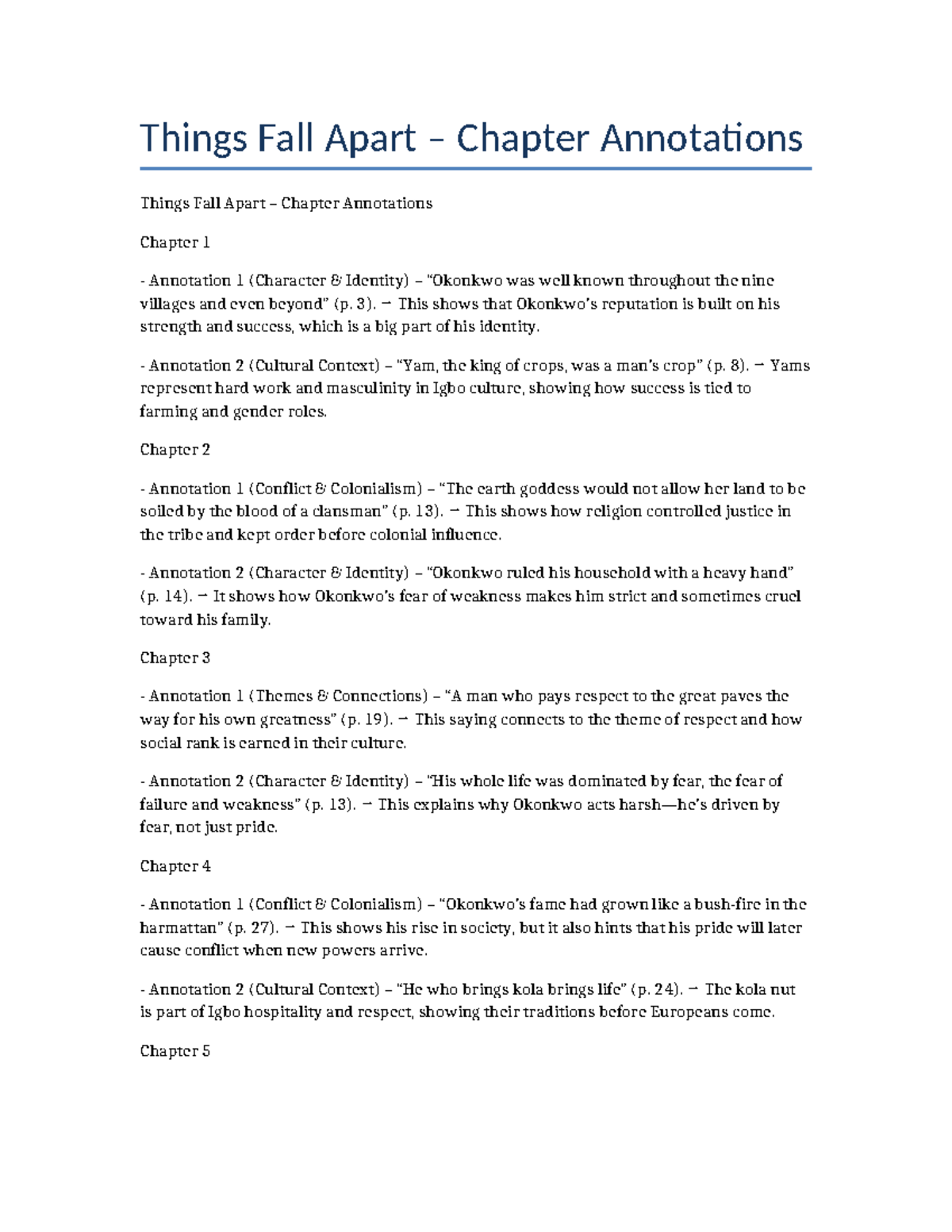 Things Fall Apart (ENG 101) Chapter Annotations and Insights - Studocu