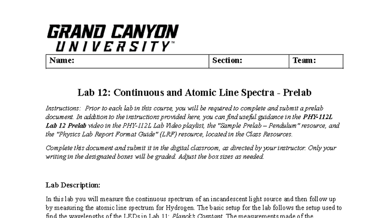 PHY112L RS T6 Lab 12: Continuous & Atomic Line Spectra Prelab - Studocu