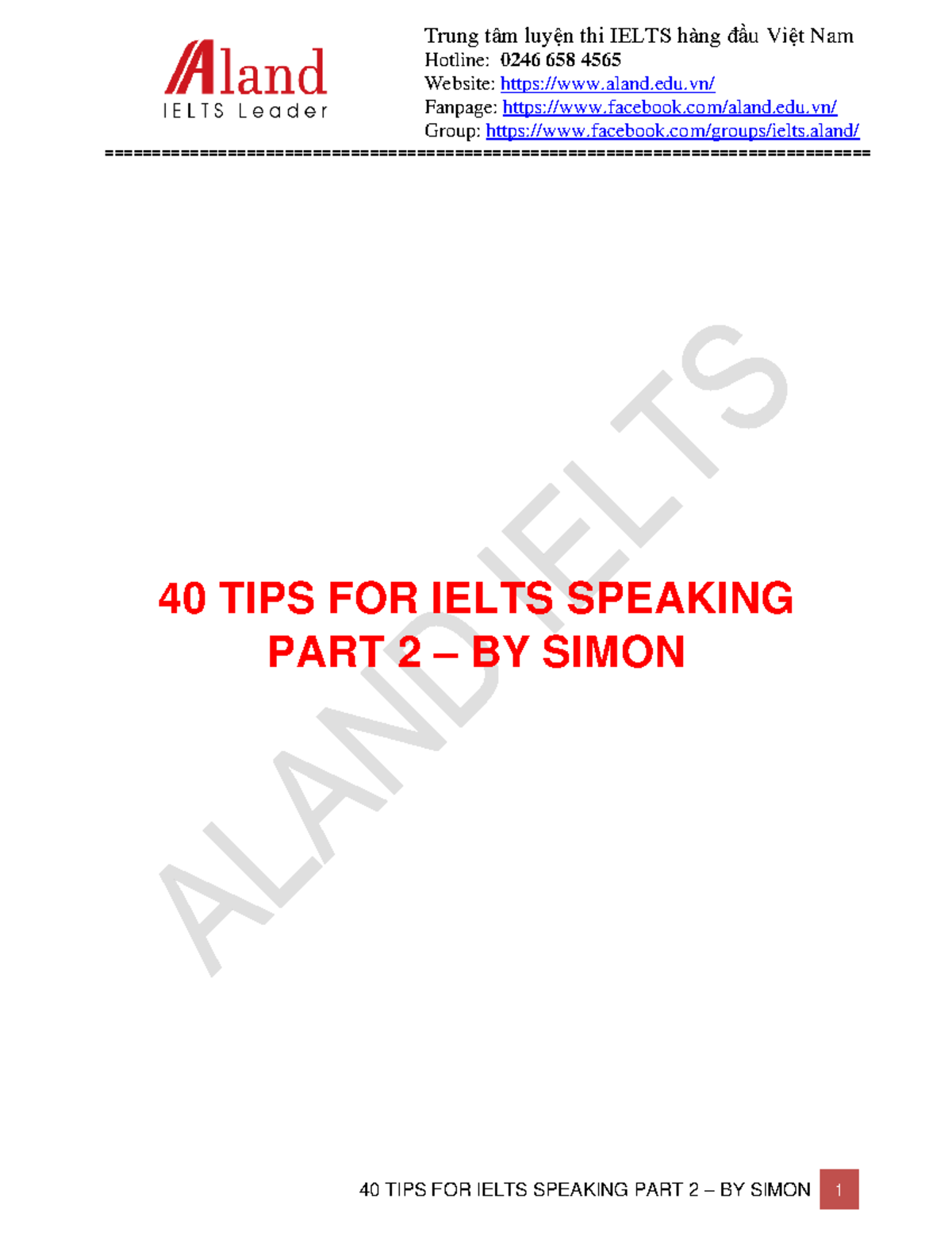 40 TIPS CHO Ielts Speaking PART 2 - alandielts - Hotline: 0246 658 4565 ...