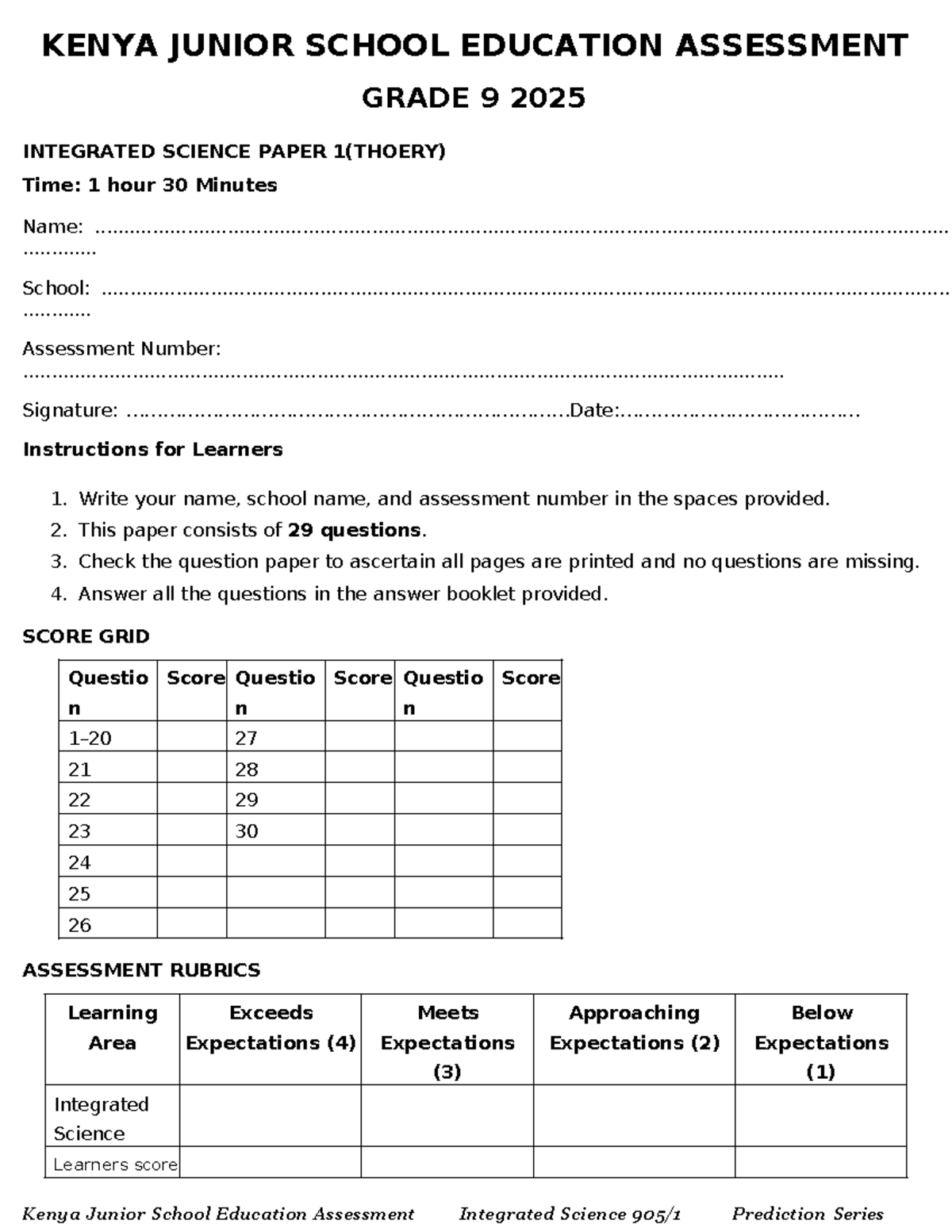 Grade 9 Integrated Science Assessment Paper 1 - 2025 - Studocu