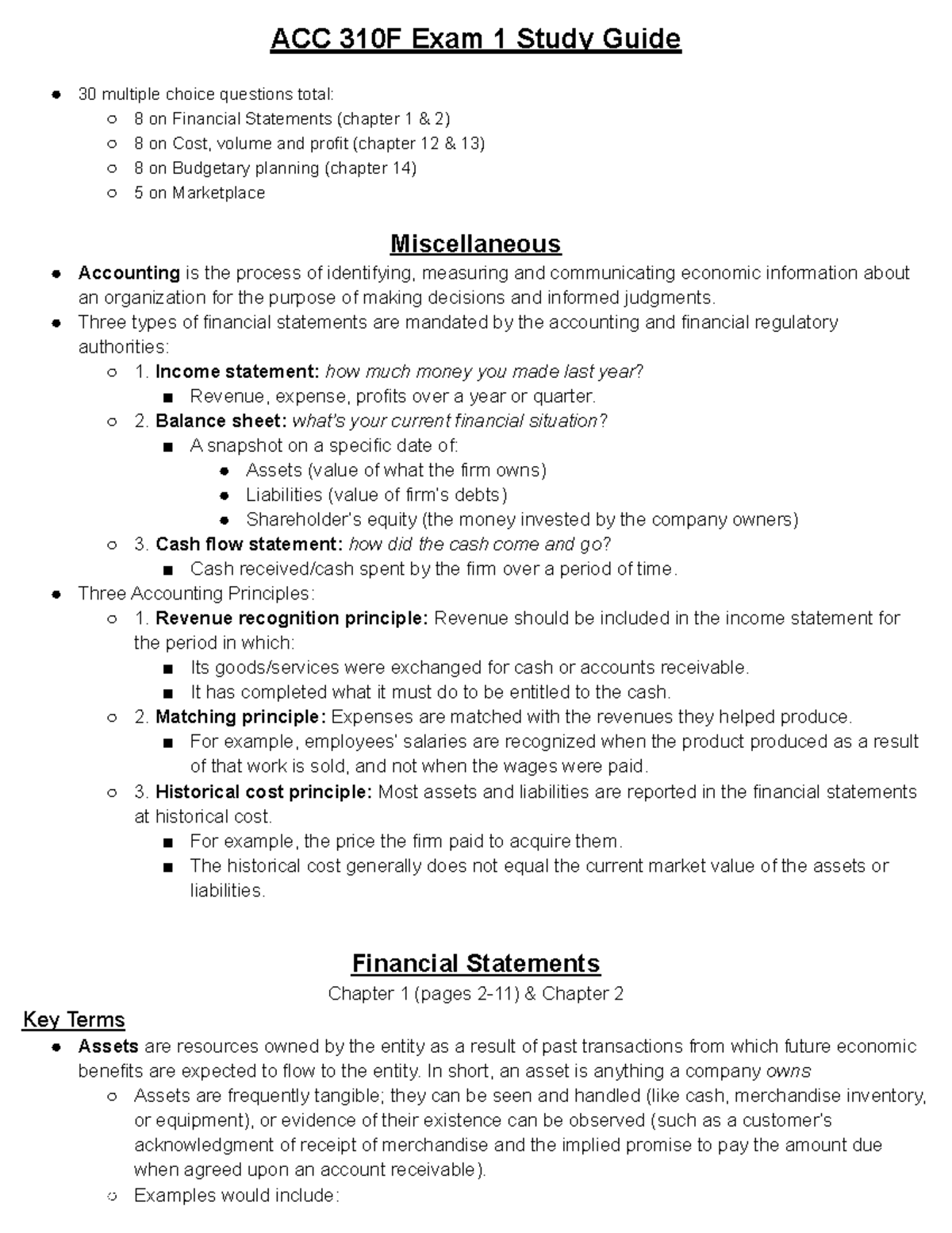 ACC 310F Exam 1 Study Guide - Key Concepts and Financial Statements ...