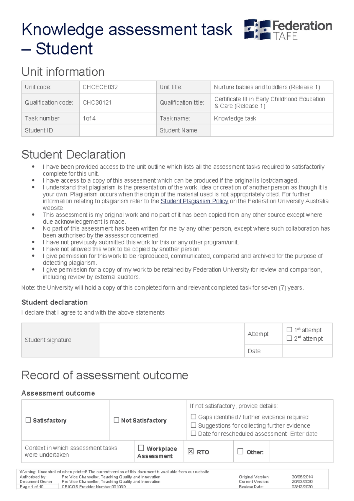 CHCECE032 - Task 1 Knowledge Assessment for Babies and Toddlers - Studocu