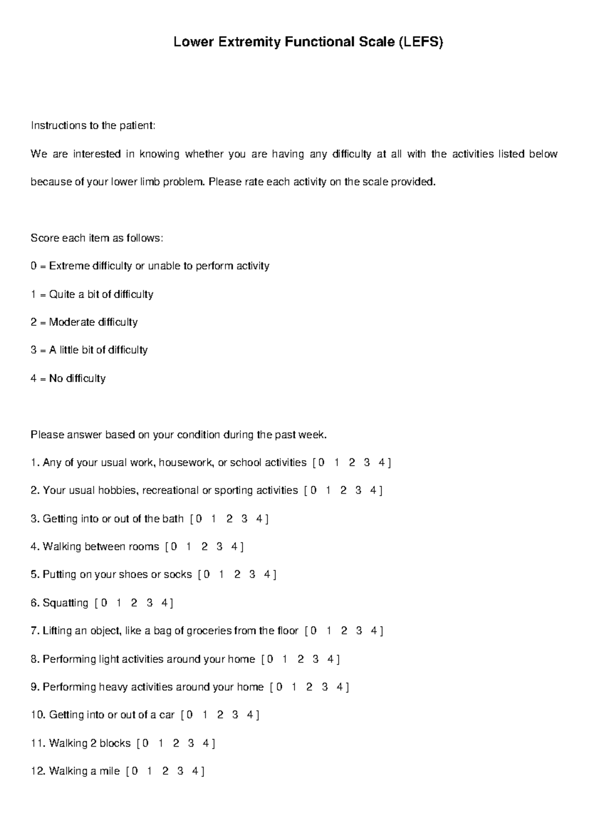 LEFS: Lower Extremity Functional Scale Patient Instructions - Studocu