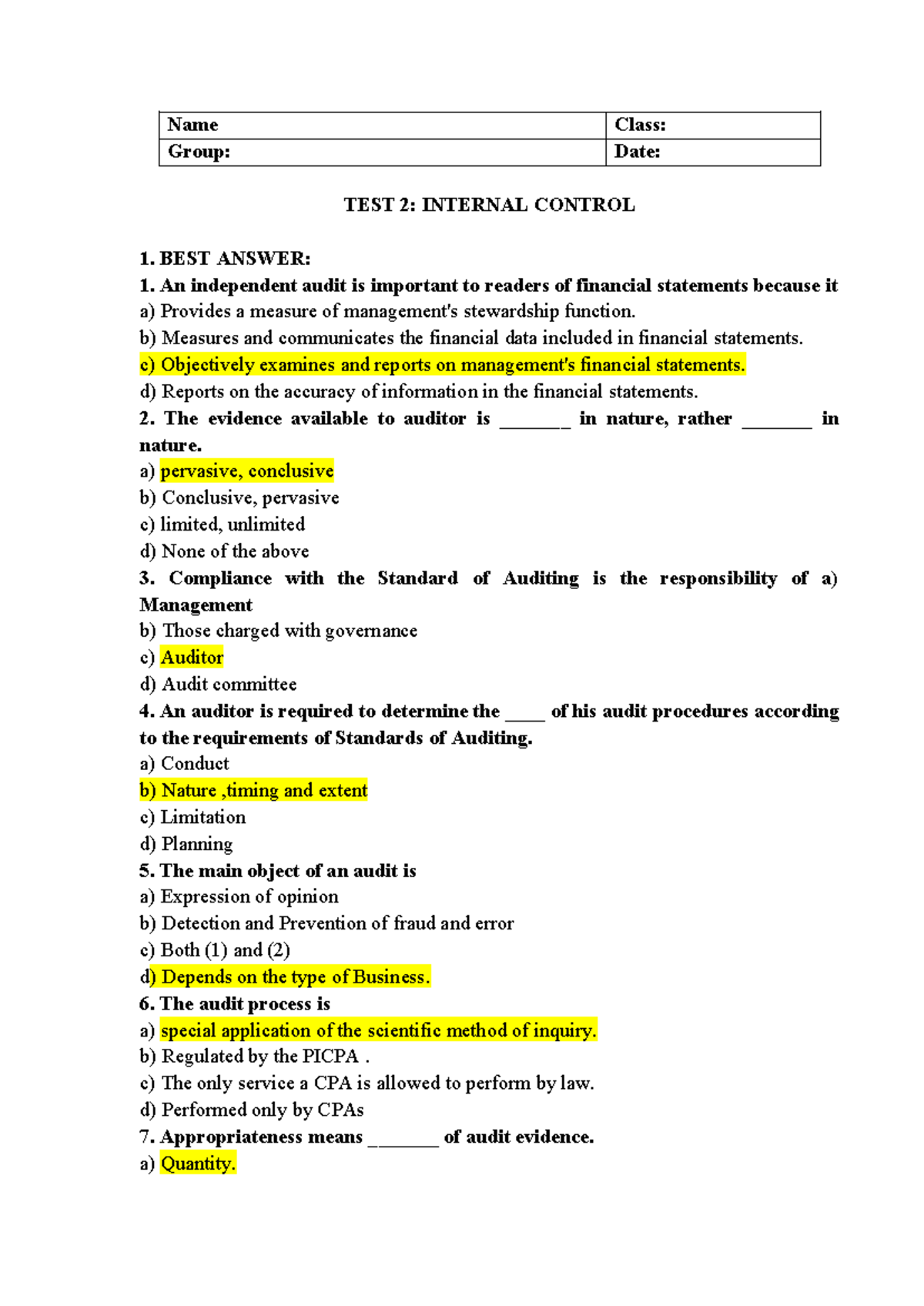 FAu1 Test 2: Internal Control Study Notes and Key Concepts - Studocu