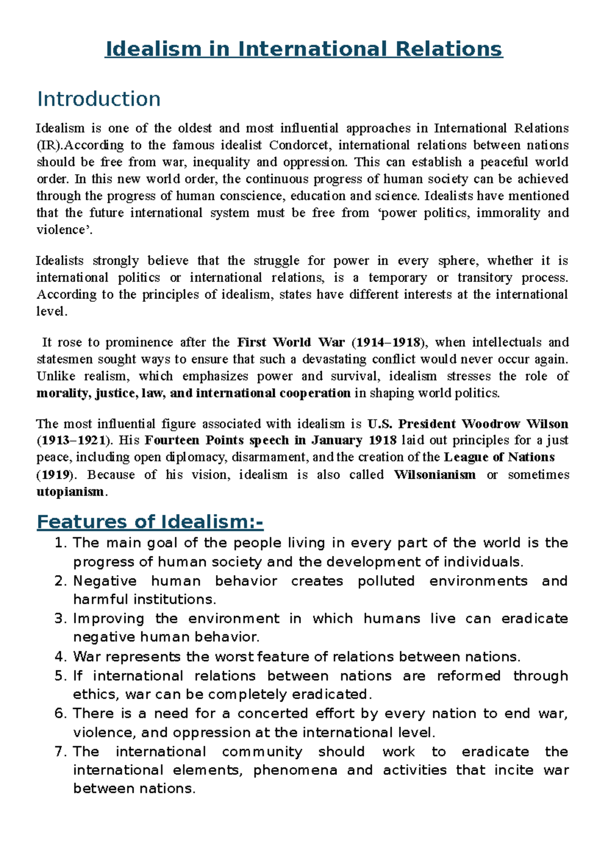 Idealism in International Relations: Key Concepts and Legacy - Studocu
