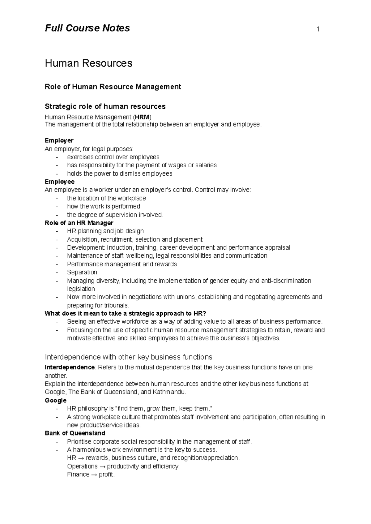 Business - Human Resource Management Notes (HRM 101) - Studocu