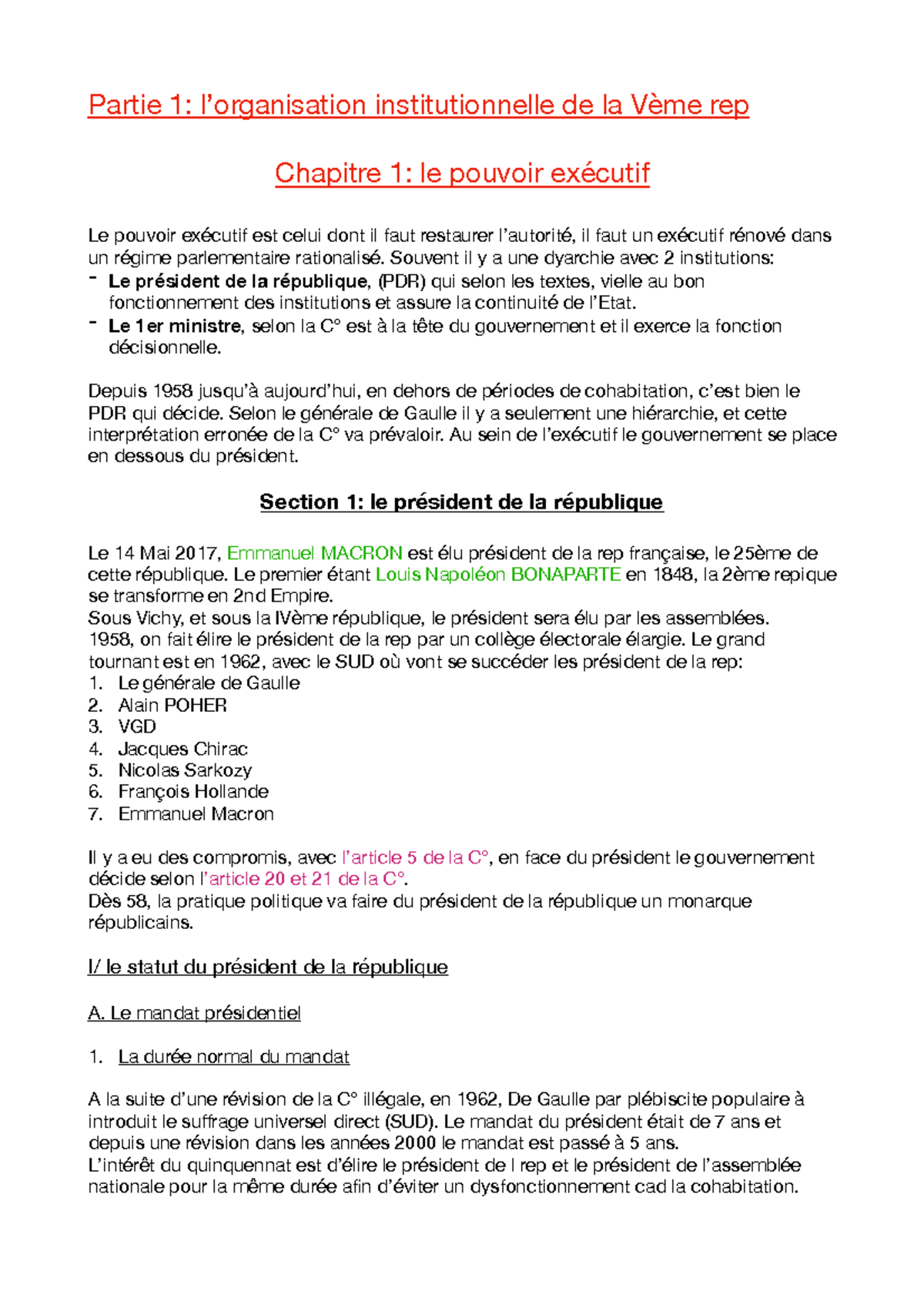 Chapitre 1: Le Pouvoir Exécutif en France (V République) - Partie 1 ...