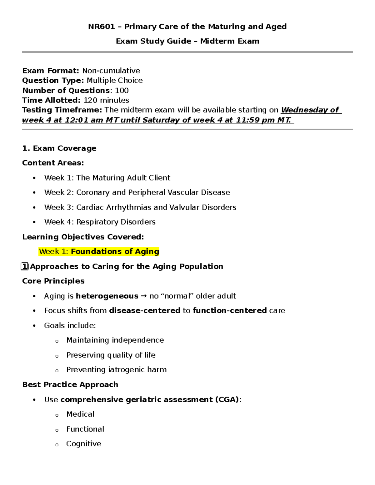NR601 Midterm Exam Study Guide: Primary Care for Aging Adults - Studocu