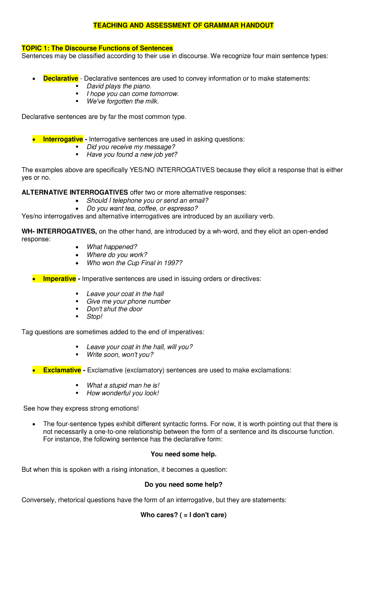 **ENG 101: Teaching and Assessment of Grammar - Discourse Functions of ...