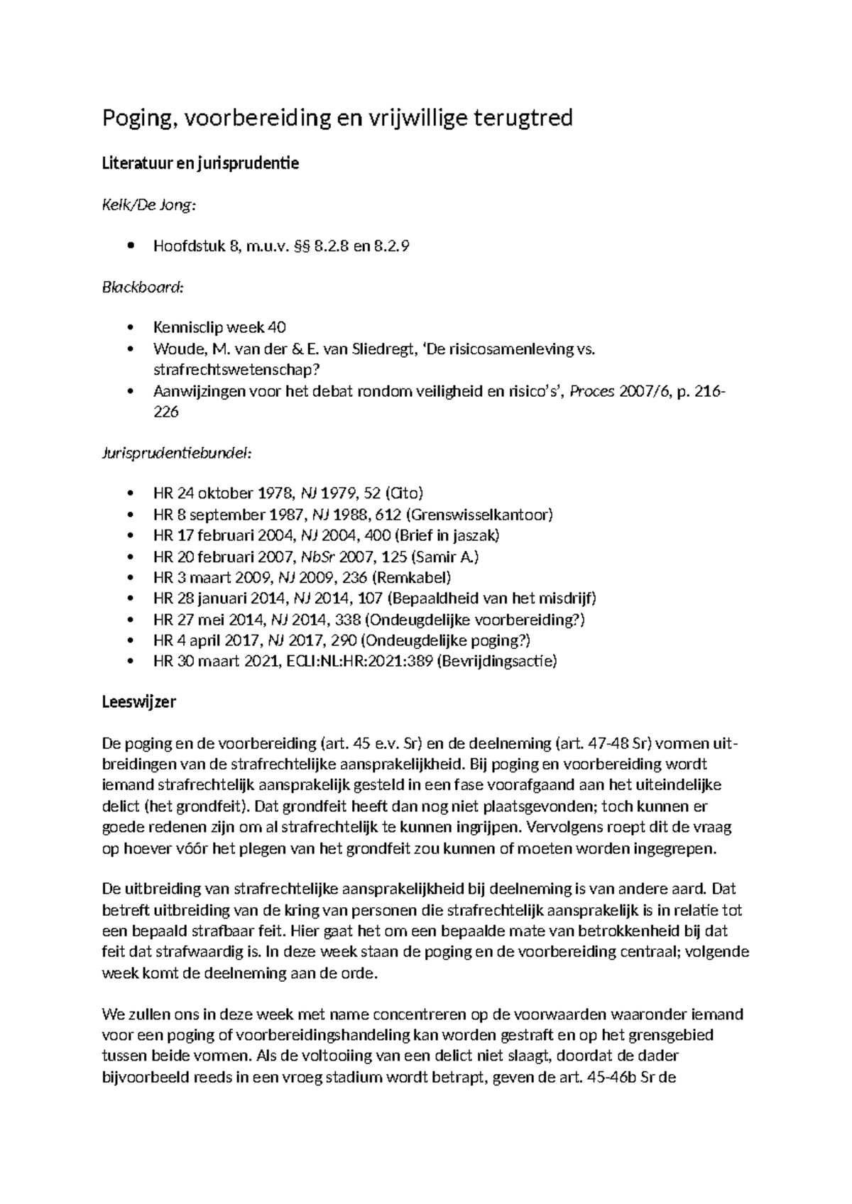 Lesmateriaal Strafrecht - Week 40: Poging en Voorbereiding - Studeersnel
