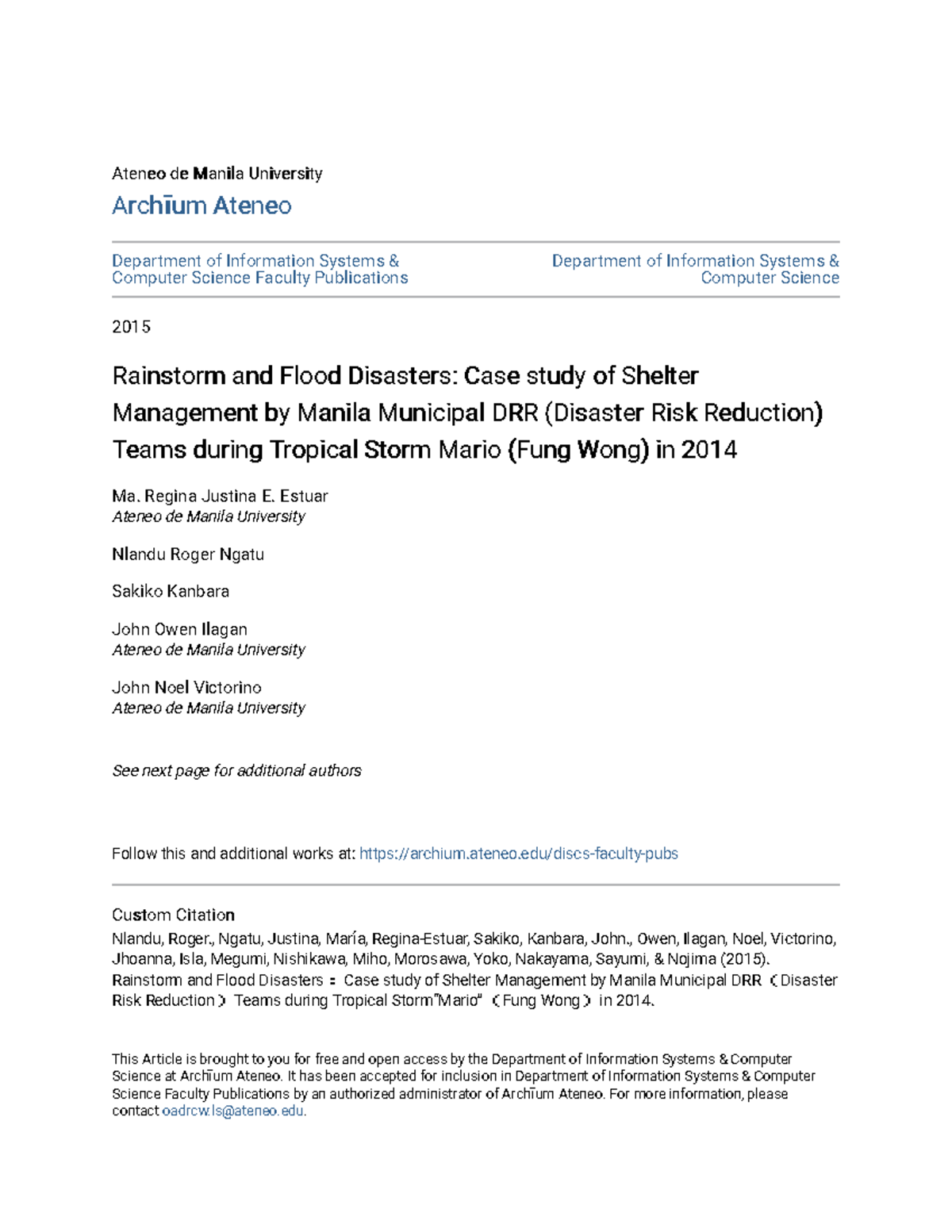 Rainstorm and Flood Disasters: Case Study on Shelter Mgt. in Manila ...