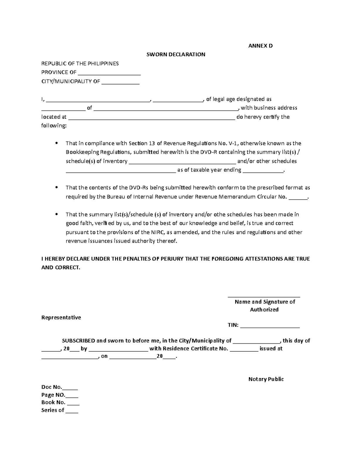 Annex D BIR - BIR FORM - ANNEX D SWORN DECLARATION REPUBLIC OF THE ...