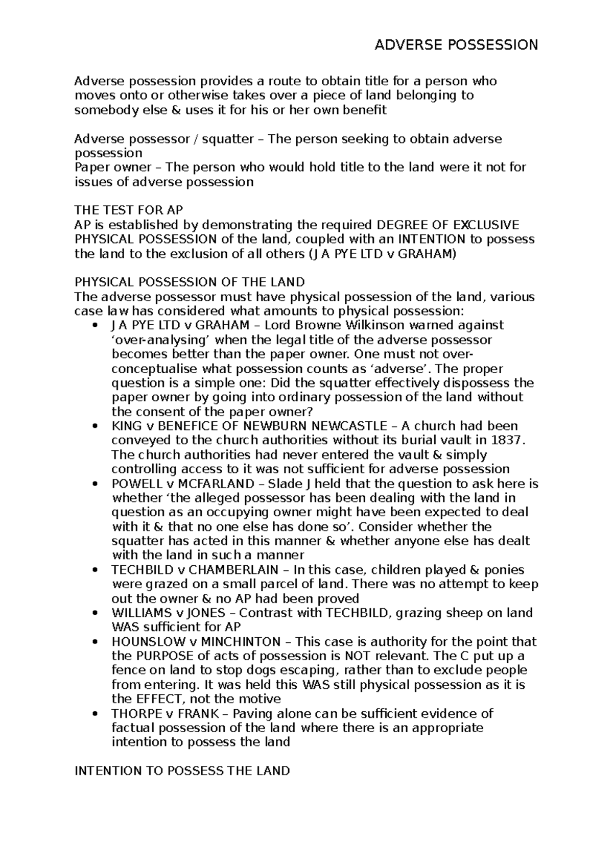 Adverse Possession: Key Concepts and Case Law Analysis - Studocu