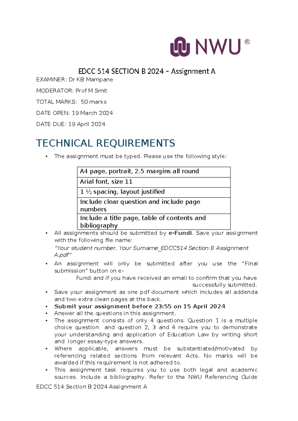 EDCC 514 Section B 2024 - Assignment A Guidelines & Questions - Studocu
