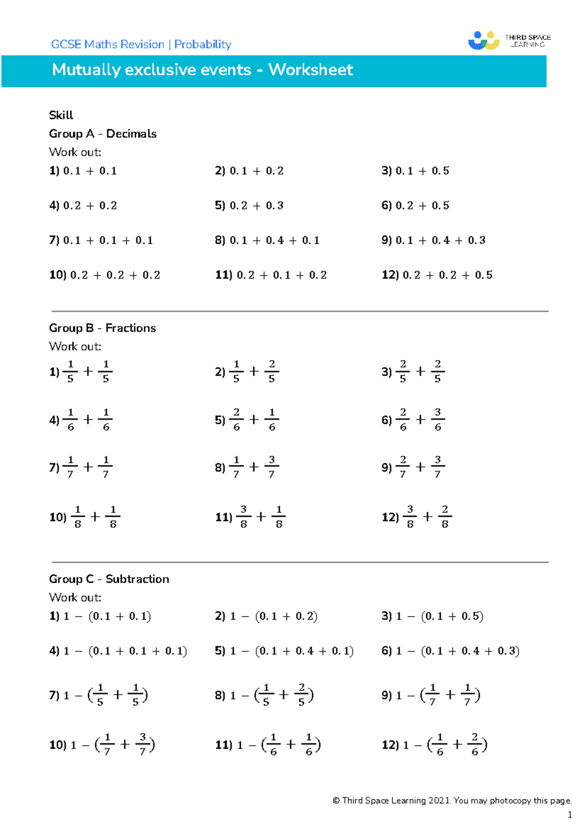 GCSE Maths Revision: Probability & Mutually Exclusive Events Worksheet ...