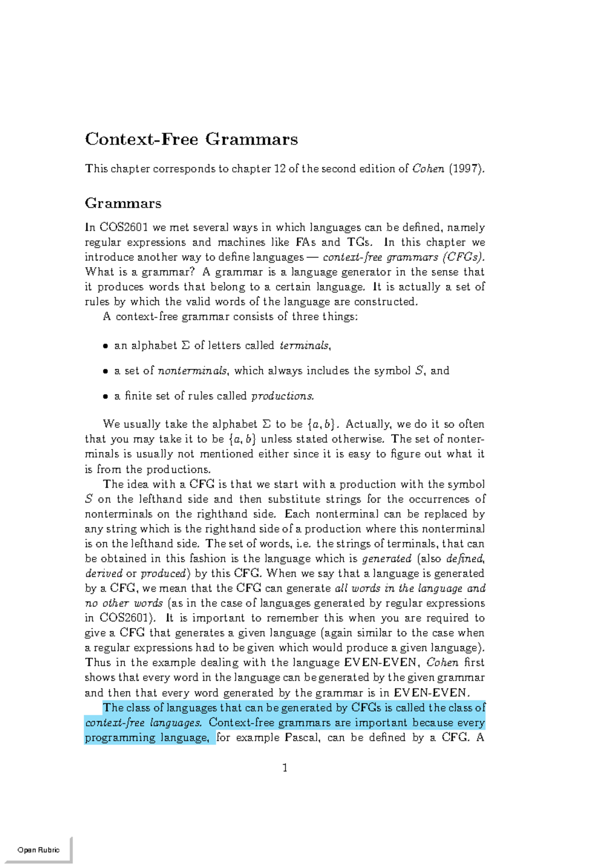 COS2601 Chapter 12: Introduction to Grammars and CFGs - Studocu