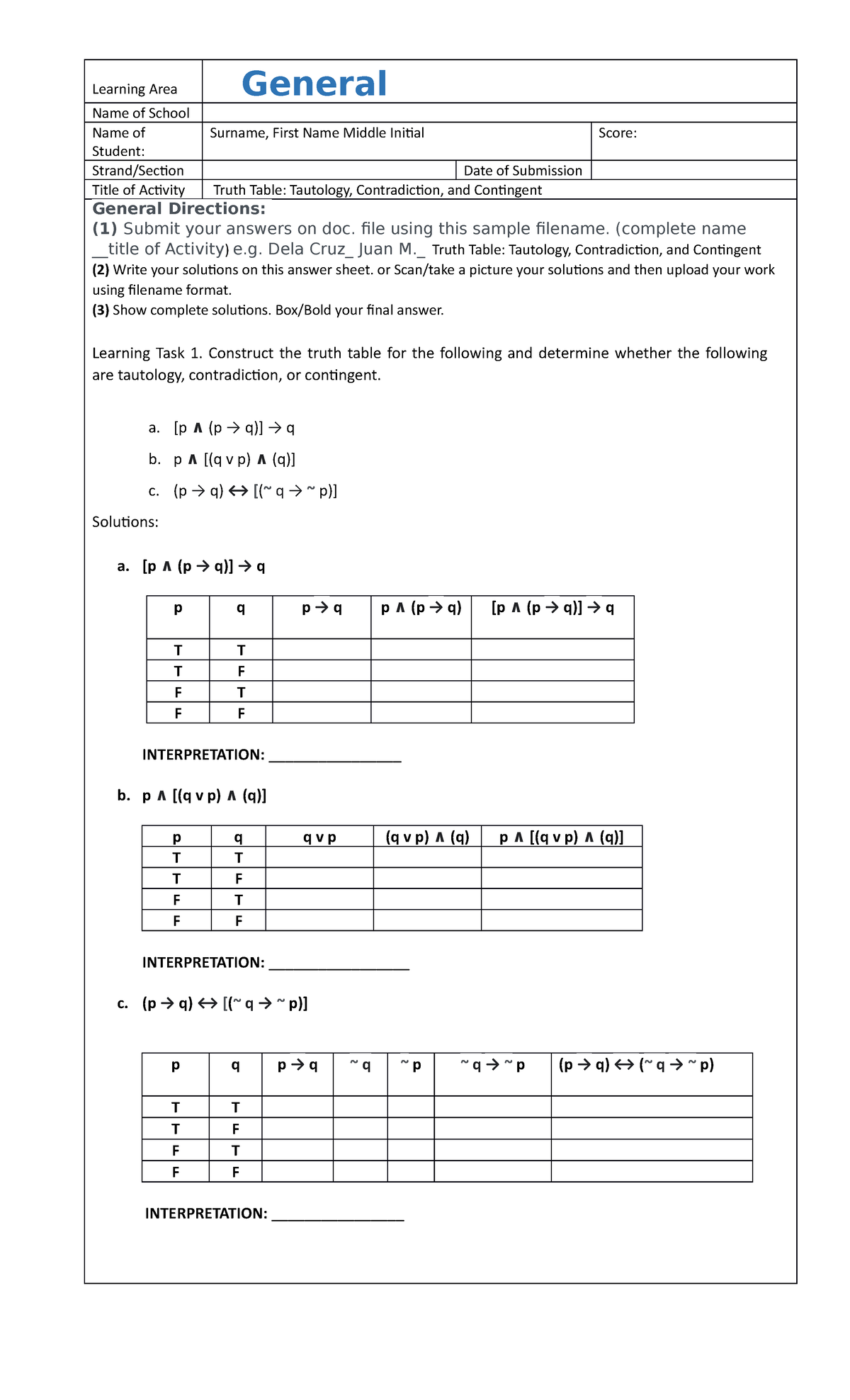 Truth Table Analysis: Tautology, Contradiction & Contingent - Studocu