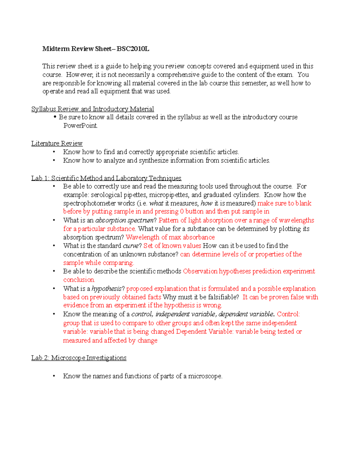 Midterm Review Sheet FA23 - Midterm Review Sheet– BSC2010L This review ...