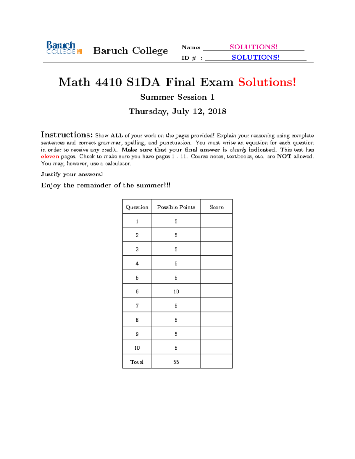 Math 4410 S1DA Final Exam Solutions - Summer 2018 - Studocu
