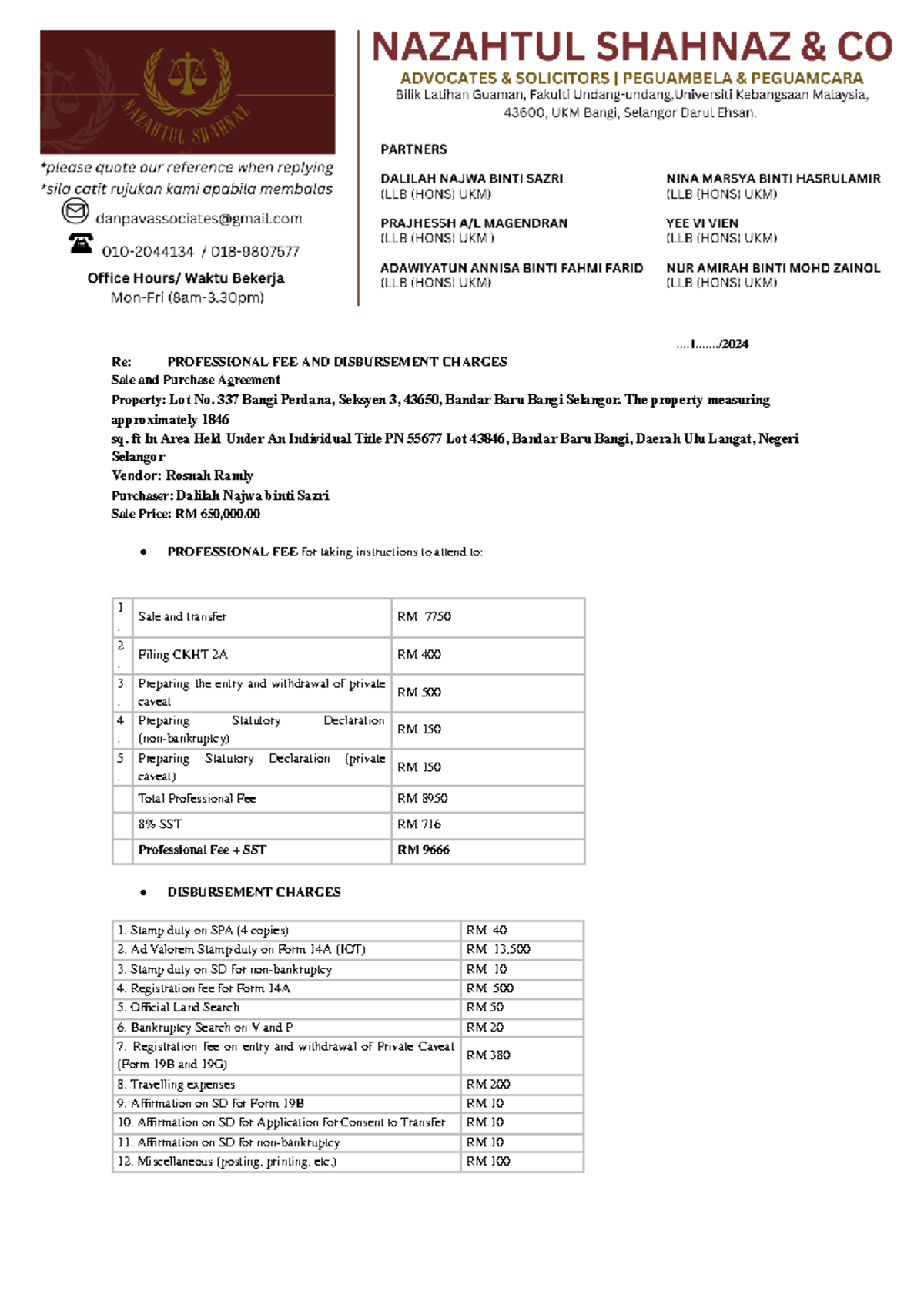 BILL OF CHARGES: Invoice Sample for Professional Fees & Disbursements ...