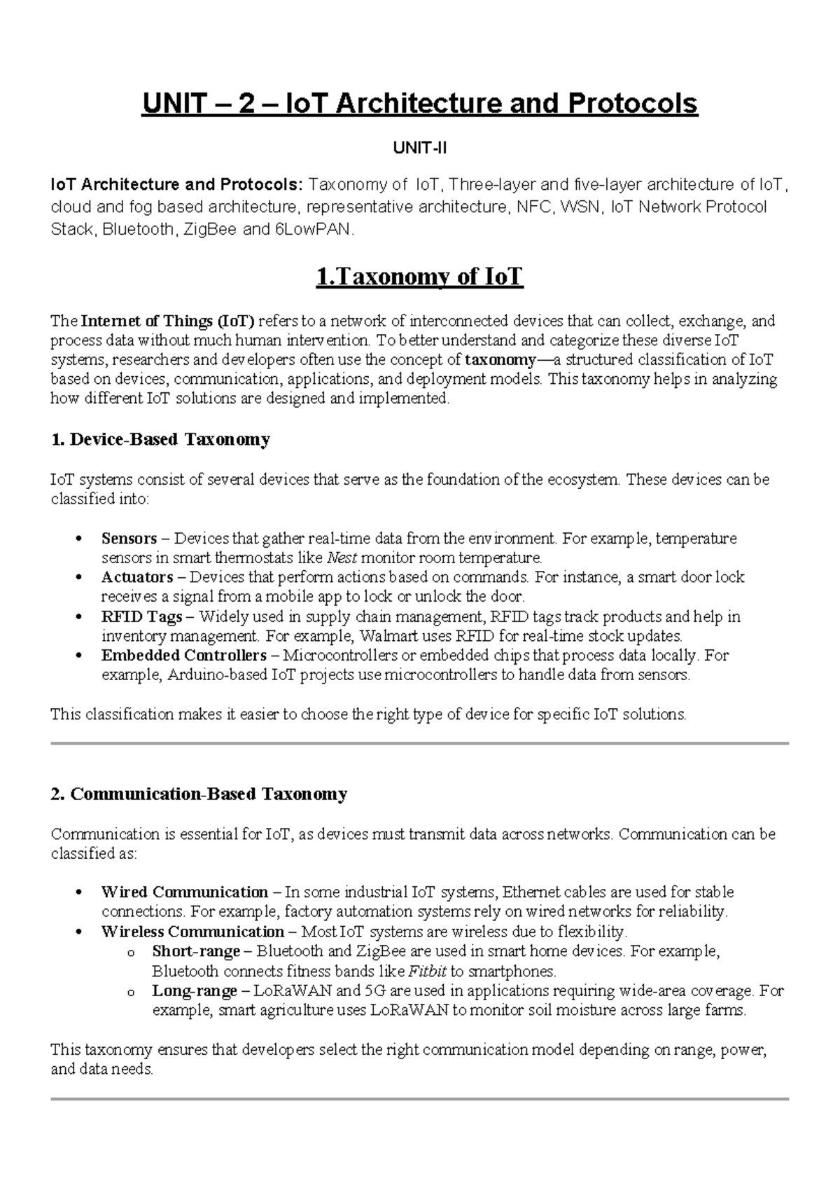 IOT UNIT-II: IoT Architecture, Protocols, and Taxonomy Overview - Studocu