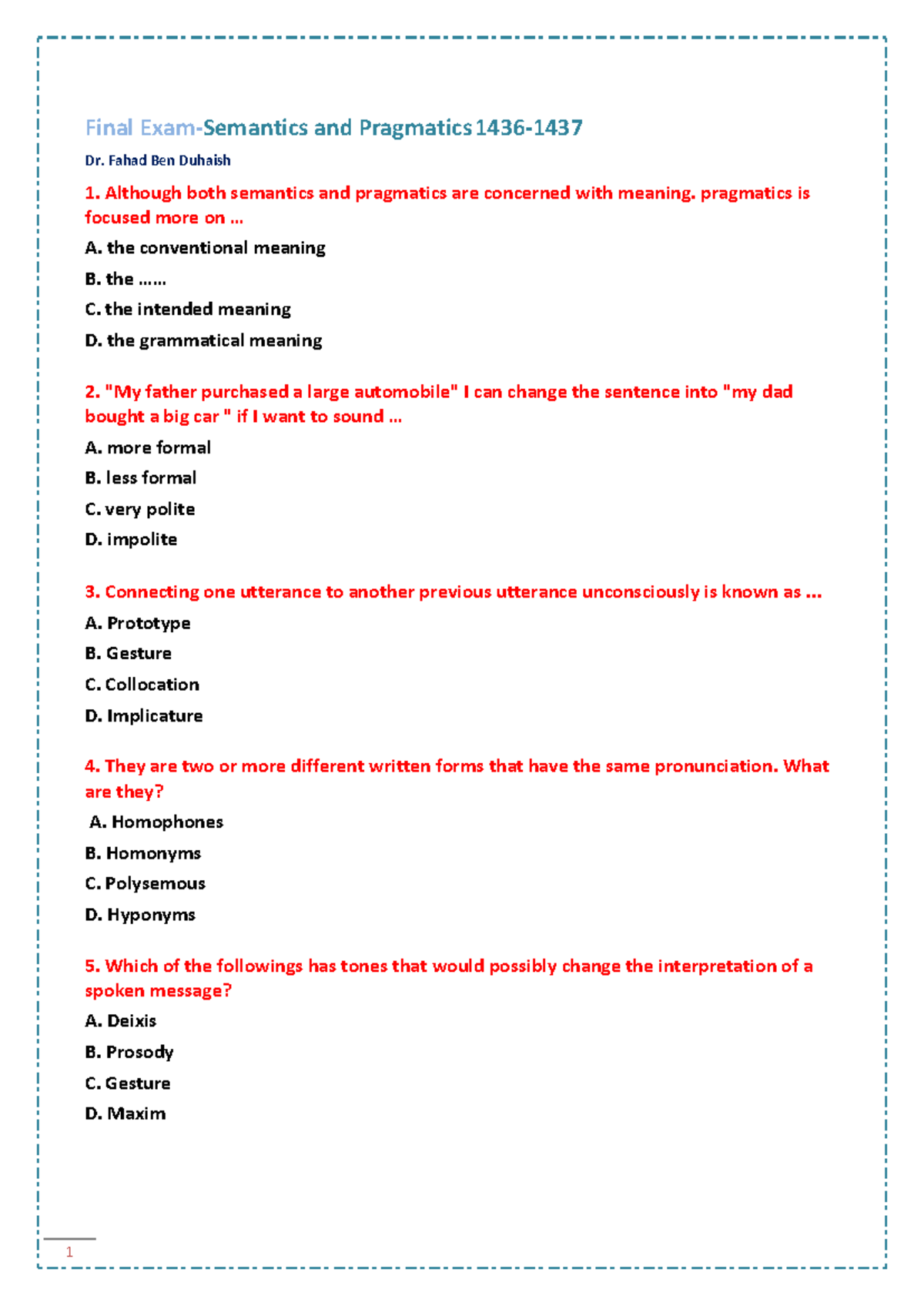 Final Exam: Semantics and Pragmatics 1436 - Study Guide - Studocu