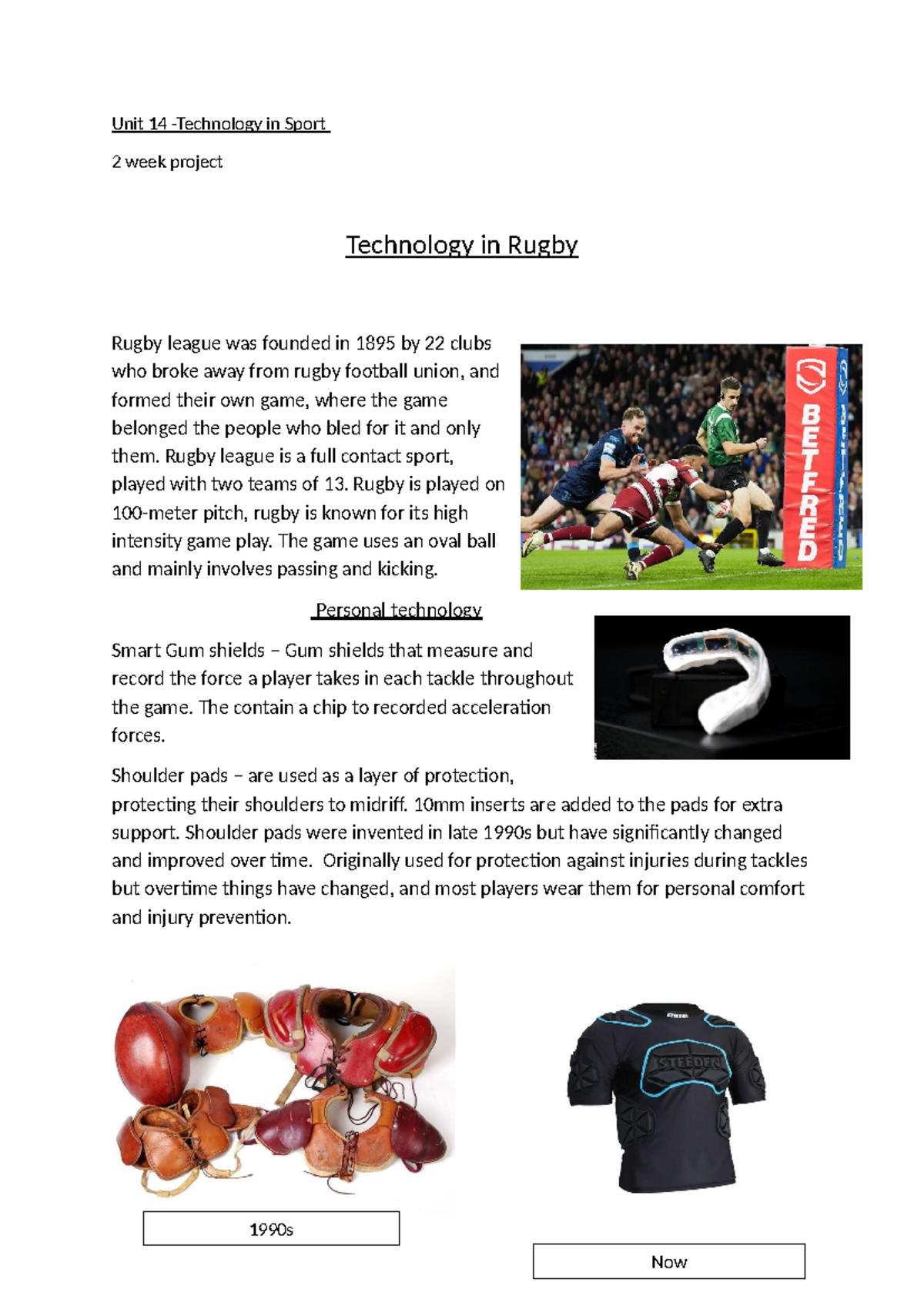 Unit 14: 2 Week Project on Technology in Rugby League - Studocu