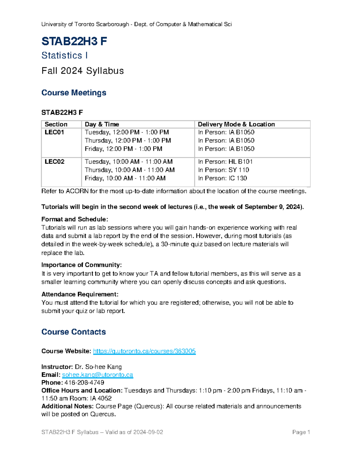 STAB22H3F - Fall 2024 Statistics I Course Syllabus and Schedule - Studocu