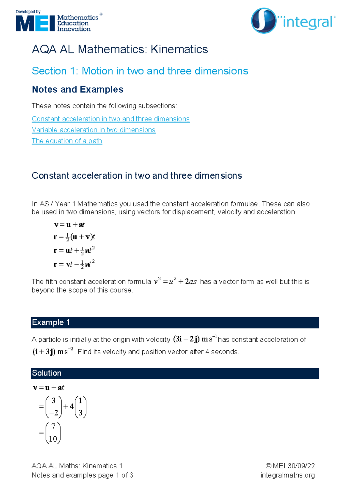 AQA AL Maths: Kinematics Notes on Motion in 2D & 3D - Studocu