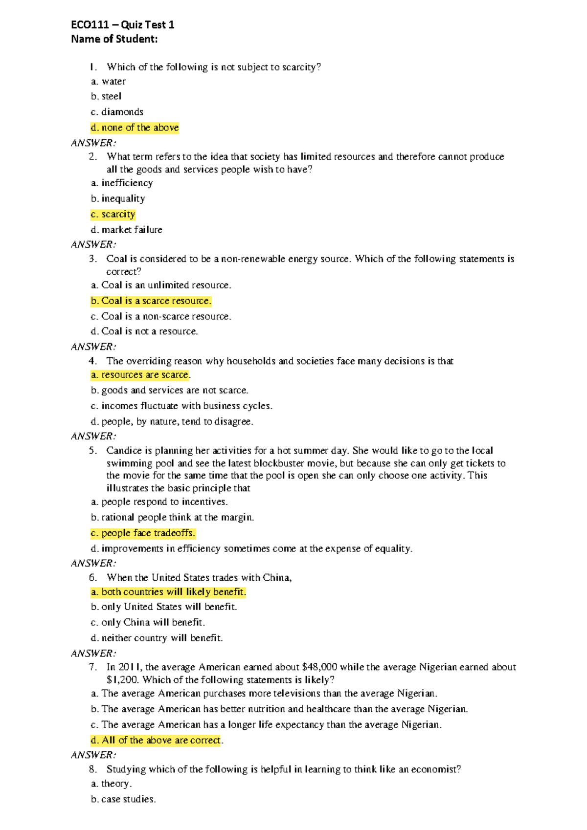 ECO111- Quiz Test 1 (st) - ECO111 – Quiz Test 1 Name of Student: 1 ...