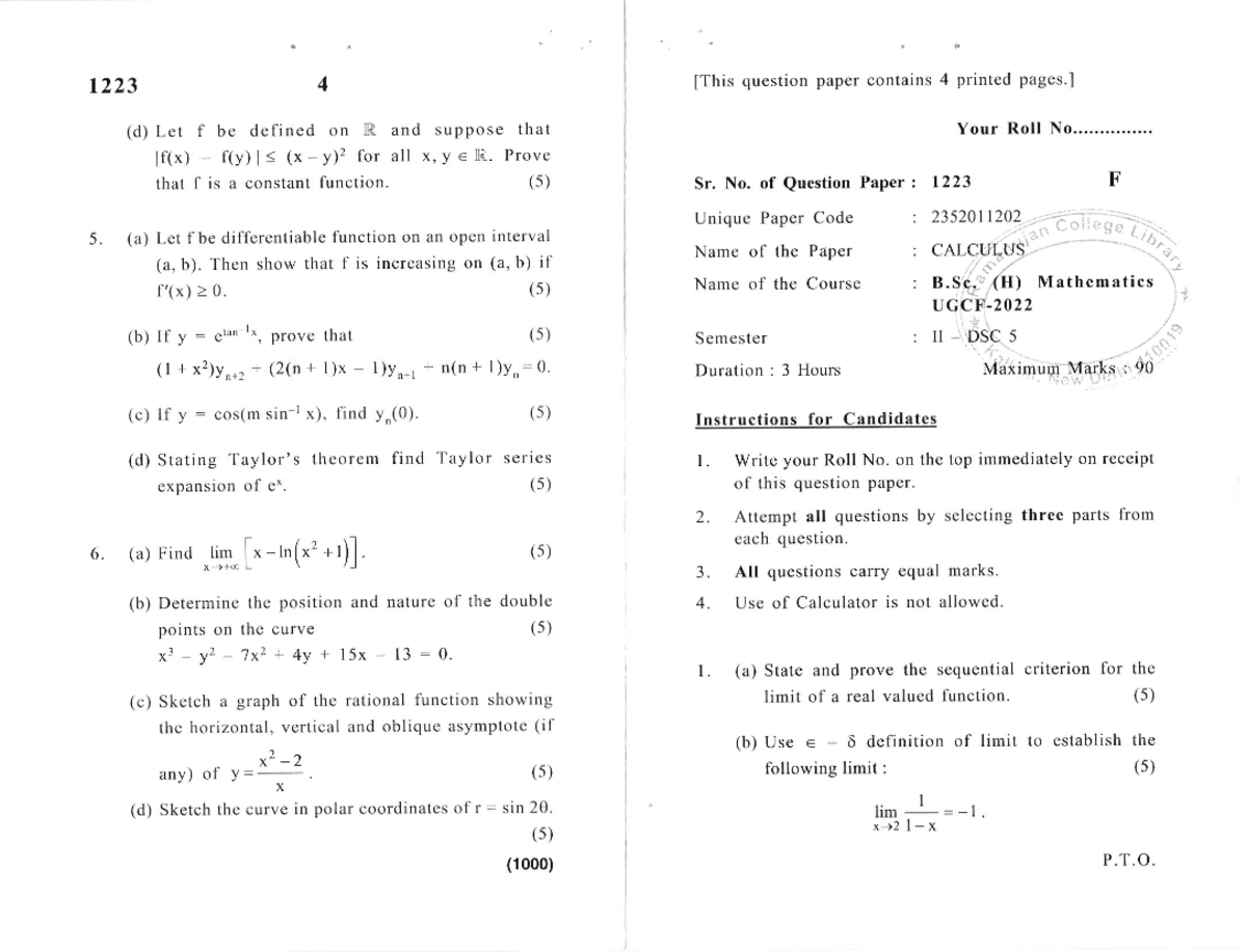 1223 Mathematics Question Paper: Proving Constant Functions in Calculus ...